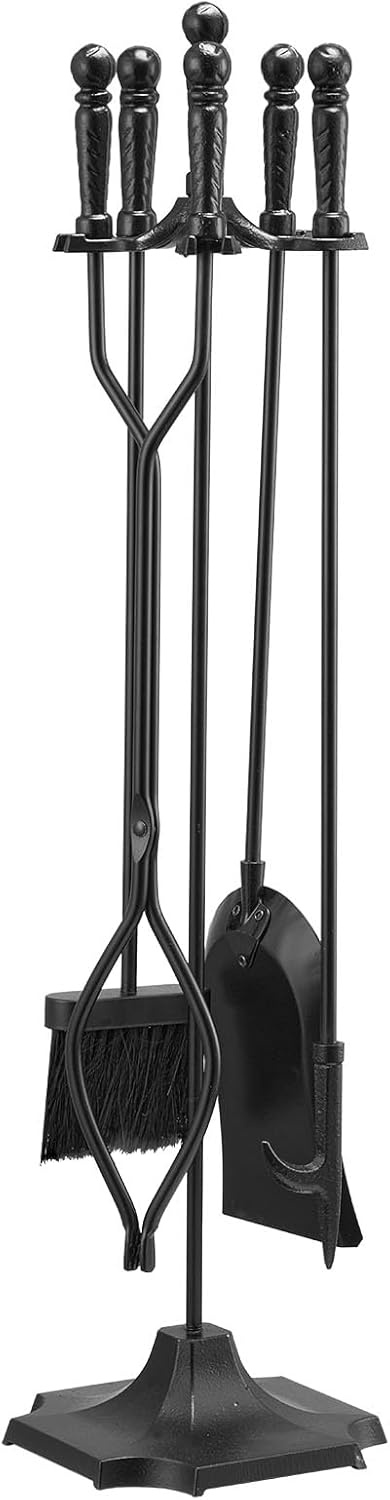 image:imageVEVOR Fireplace Tool Set 5 PCS Fire Tool Set and Holder with FiveProng Stand Tongs Ash Shovel Brush Fire Place Poker Wrought Iron Fireplace Accessories for IndoorOutdoor Black amp Brass5PCS FiveProng Stand Black