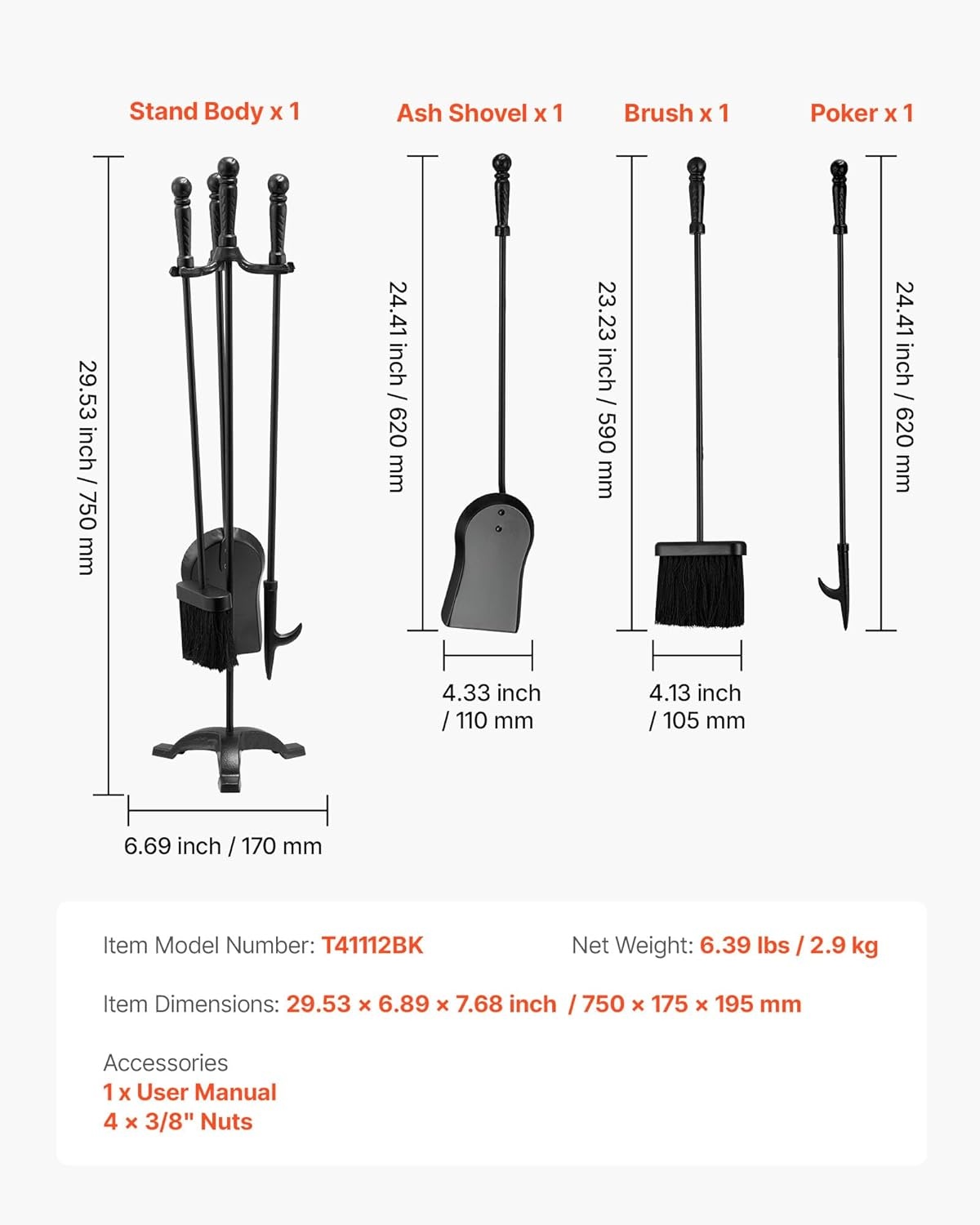 image:imageVEVOR Fireplace Tool Set 5 PCS Fire Tool Set and Holder with FiveProng Stand Tongs Ash Shovel Brush Fire Place Poker Wrought Iron Fireplace Accessories for IndoorOutdoor Black amp Brass4PCS ThreeProng Stand