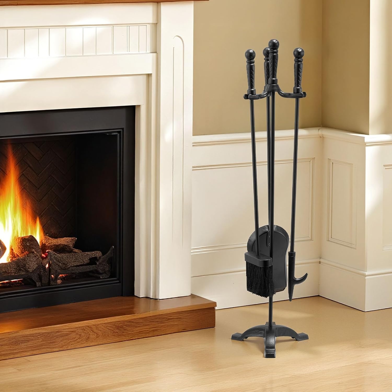 image:imageVEVOR Fireplace Tool Set 5 PCS Fire Tool Set and Holder with FiveProng Stand Tongs Ash Shovel Brush Fire Place Poker Wrought Iron Fireplace Accessories for IndoorOutdoor Black amp Brass4PCS ThreeProng Stand