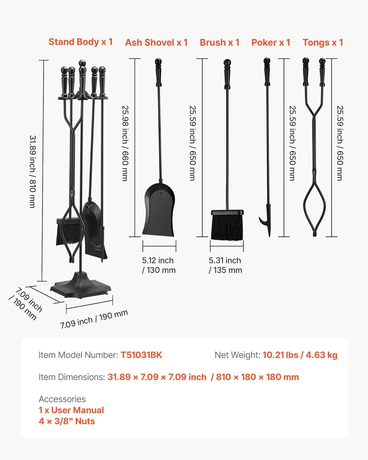 image:imageVEVOR Fireplace Tool Set 5 PCS Fire Tool Set and Holder with FiveProng Stand Tongs Ash Shovel Brush Fire Place Poker Wrought Iron Fireplace Accessories for IndoorOutdoor Black amp Brass5PCS FiveProng Stand Black