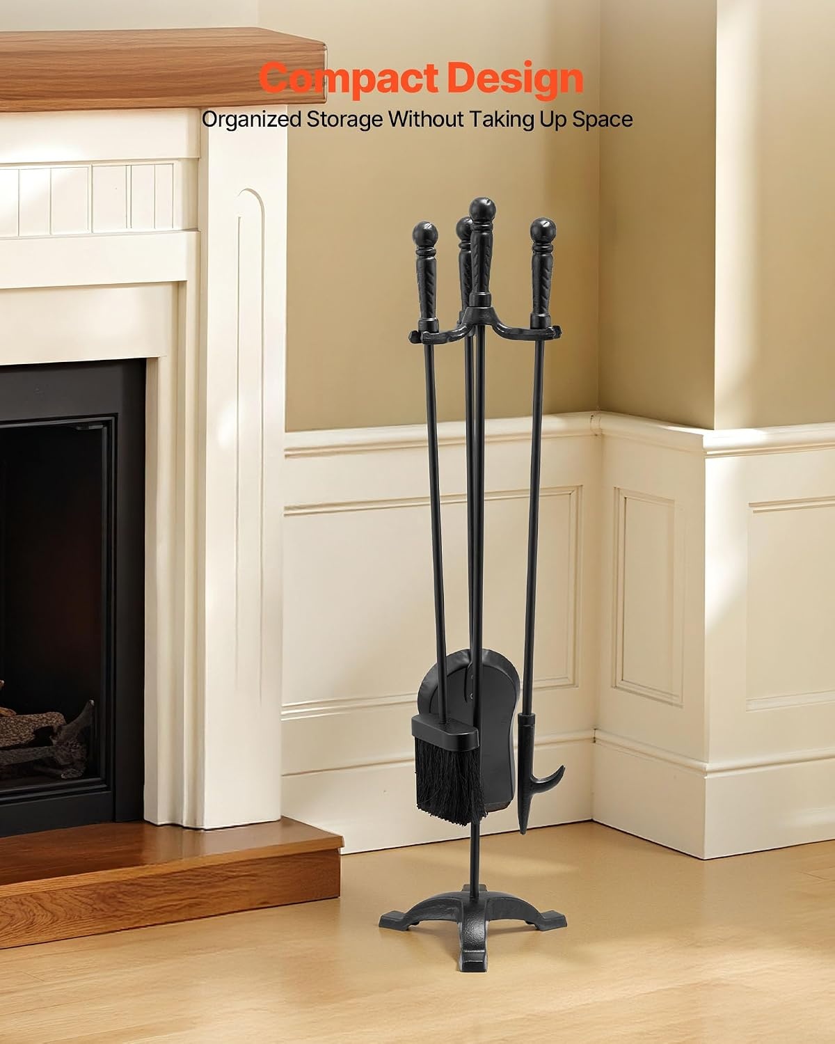 image:imageVEVOR Fireplace Tool Set 5 PCS Fire Tool Set and Holder with FiveProng Stand Tongs Ash Shovel Brush Fire Place Poker Wrought Iron Fireplace Accessories for IndoorOutdoor Black amp Brass4PCS ThreeProng Stand