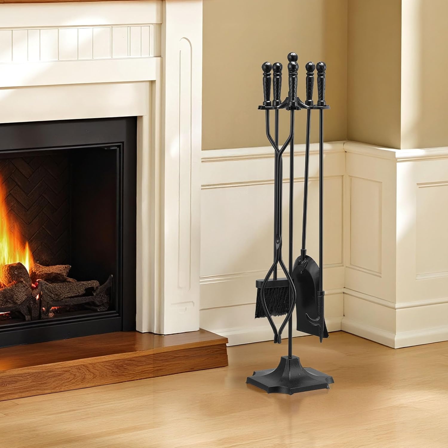 image:imageVEVOR Fireplace Tool Set 5 PCS Fire Tool Set and Holder with FiveProng Stand Tongs Ash Shovel Brush Fire Place Poker Wrought Iron Fireplace Accessories for IndoorOutdoor Black amp Brass5PCS FiveProng Stand Black