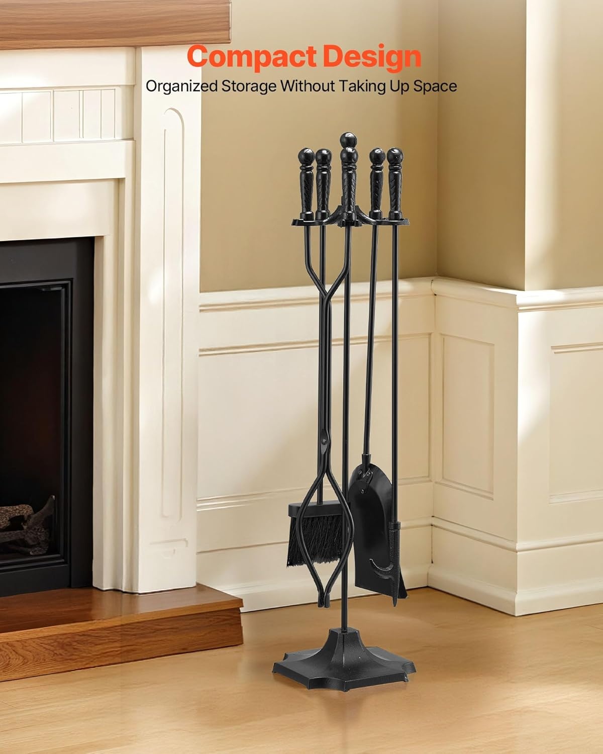 image:imageVEVOR Fireplace Tool Set 5 PCS Fire Tool Set and Holder with FiveProng Stand Tongs Ash Shovel Brush Fire Place Poker Wrought Iron Fireplace Accessories for IndoorOutdoor Black amp Brass5PCS FiveProng Stand Black