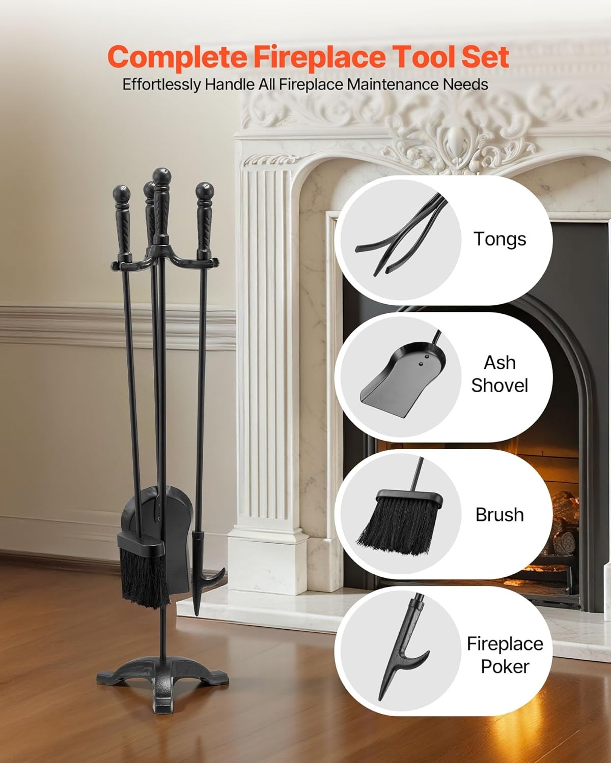 image:imageVEVOR Fireplace Tool Set 5 PCS Fire Tool Set and Holder with FiveProng Stand Tongs Ash Shovel Brush Fire Place Poker Wrought Iron Fireplace Accessories for IndoorOutdoor Black amp Brass4PCS ThreeProng Stand