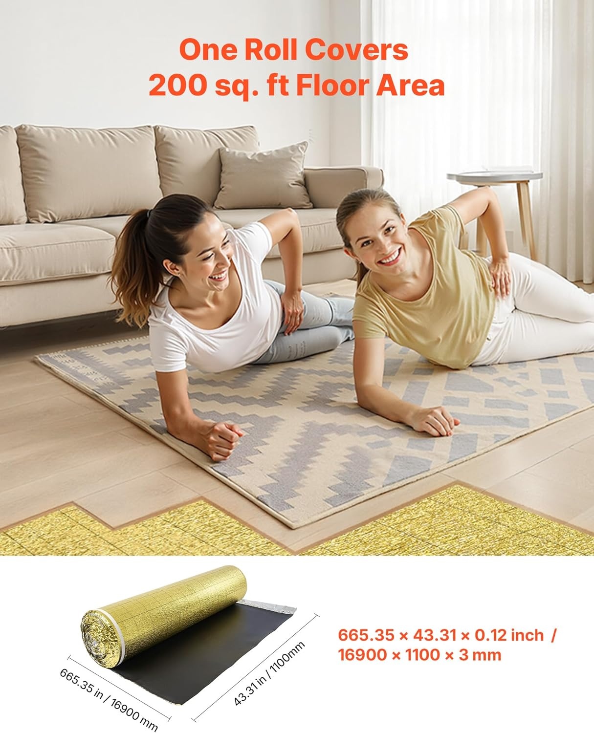 image:imageVEVOR Floor Underlayment 200 sq ftRoll 3in1 3 mm Thick Flooring Padding with Tape amp Vapor Barrier Heavy Duty EPE Foam with Blue PE Soundproofing and Noise Reductionfor Laminate Wood FloorsGold Ixpe1 Roll X 200 Sqft