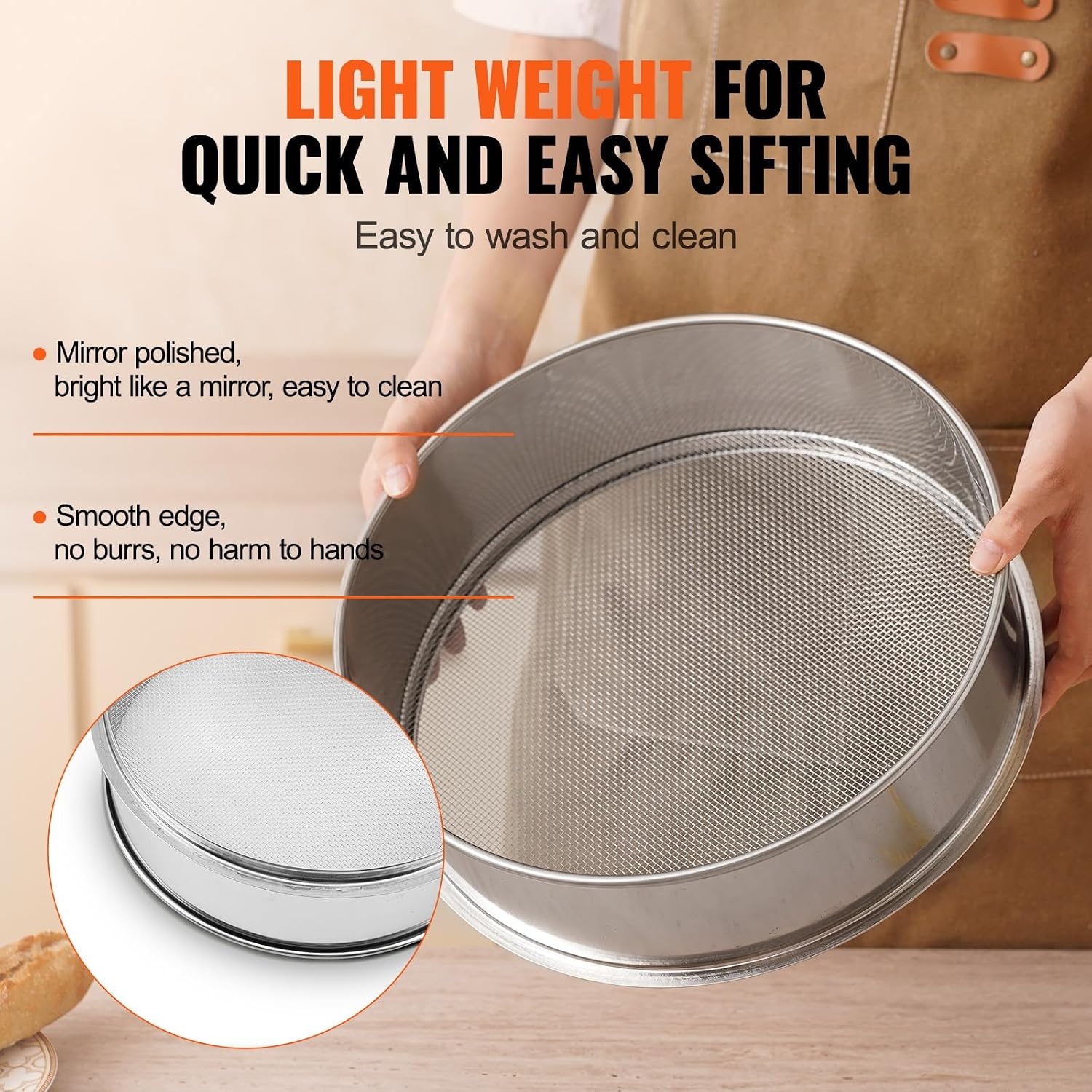 image:imageVEVOR Flour Sieve Fine Mesh 40 Mesh Sifter 304 Stainless Steel Sifter Foodgrade Dia 126 Fine Mesh Strainers for Baking 5 Sizes Mesh hole for Mungbean Rice Flour Pearl Powder12 Mesh