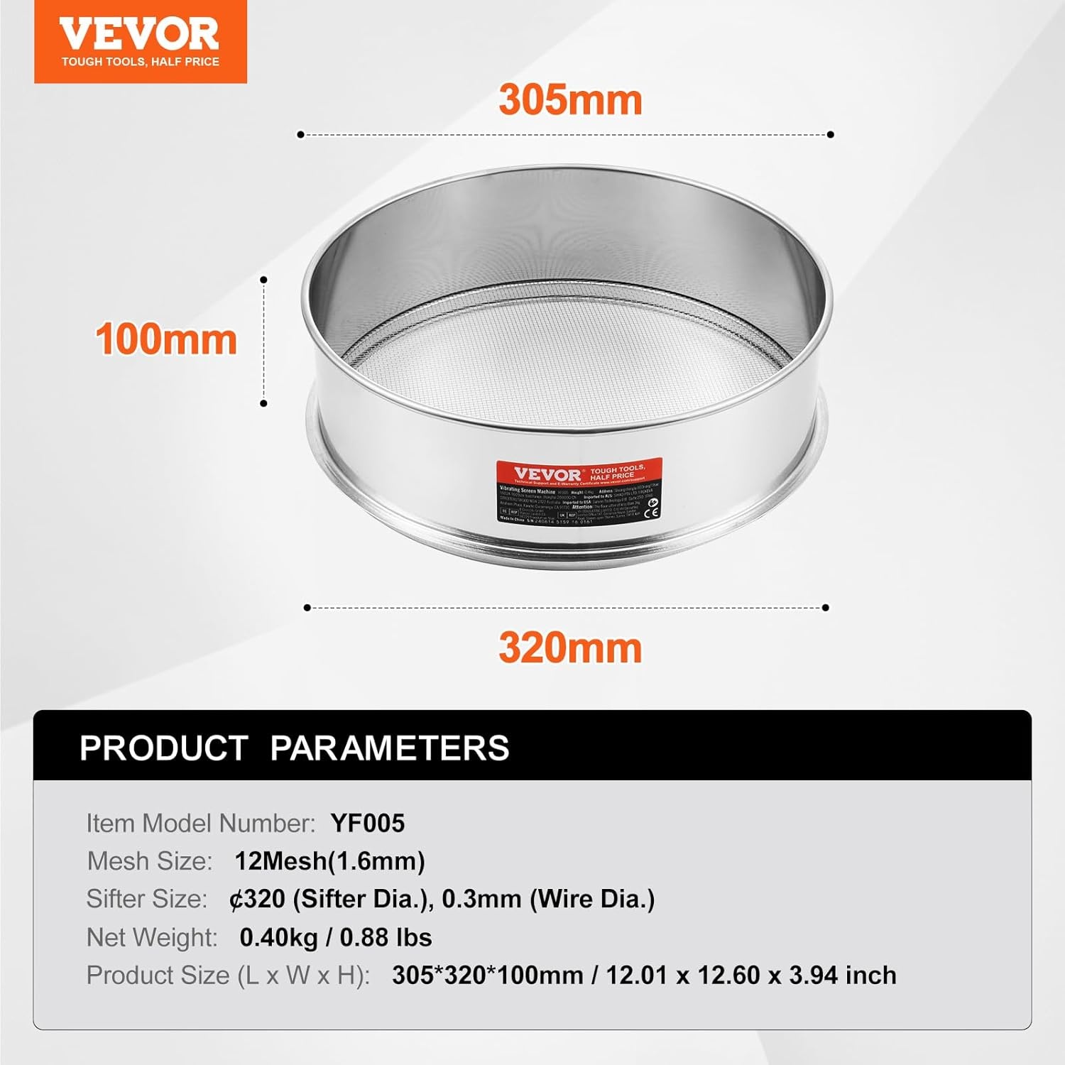image:imageVEVOR Flour Sieve Fine Mesh 40 Mesh Sifter 304 Stainless Steel Sifter Foodgrade Dia 126 Fine Mesh Strainers for Baking 5 Sizes Mesh hole for Mungbean Rice Flour Pearl Powder12 Mesh
