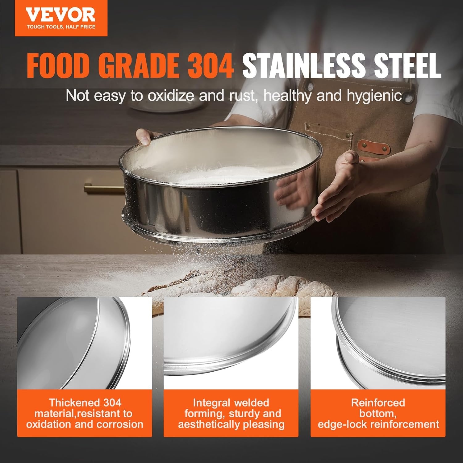 image:imageVEVOR Flour Sieve Fine Mesh 40 Mesh Sifter 304 Stainless Steel Sifter Foodgrade Dia 126 Fine Mesh Strainers for Baking 5 Sizes Mesh hole for Mungbean Rice Flour Pearl Powder150 Mesh