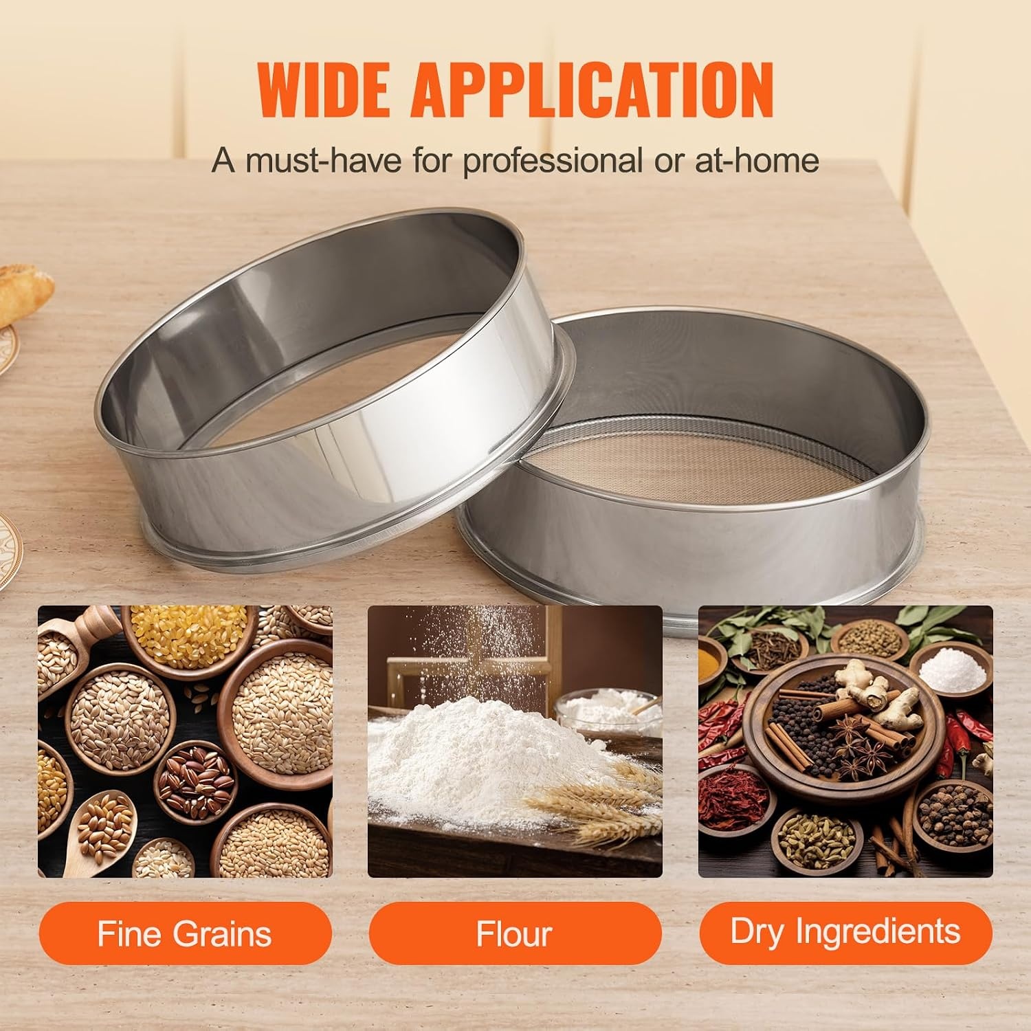 image:imageVEVOR Flour Sieve Fine Mesh 40 Mesh Sifter 304 Stainless Steel Sifter Foodgrade Dia 126 Fine Mesh Strainers for Baking 5 Sizes Mesh hole for Mungbean Rice Flour Pearl Powder10 Mesh