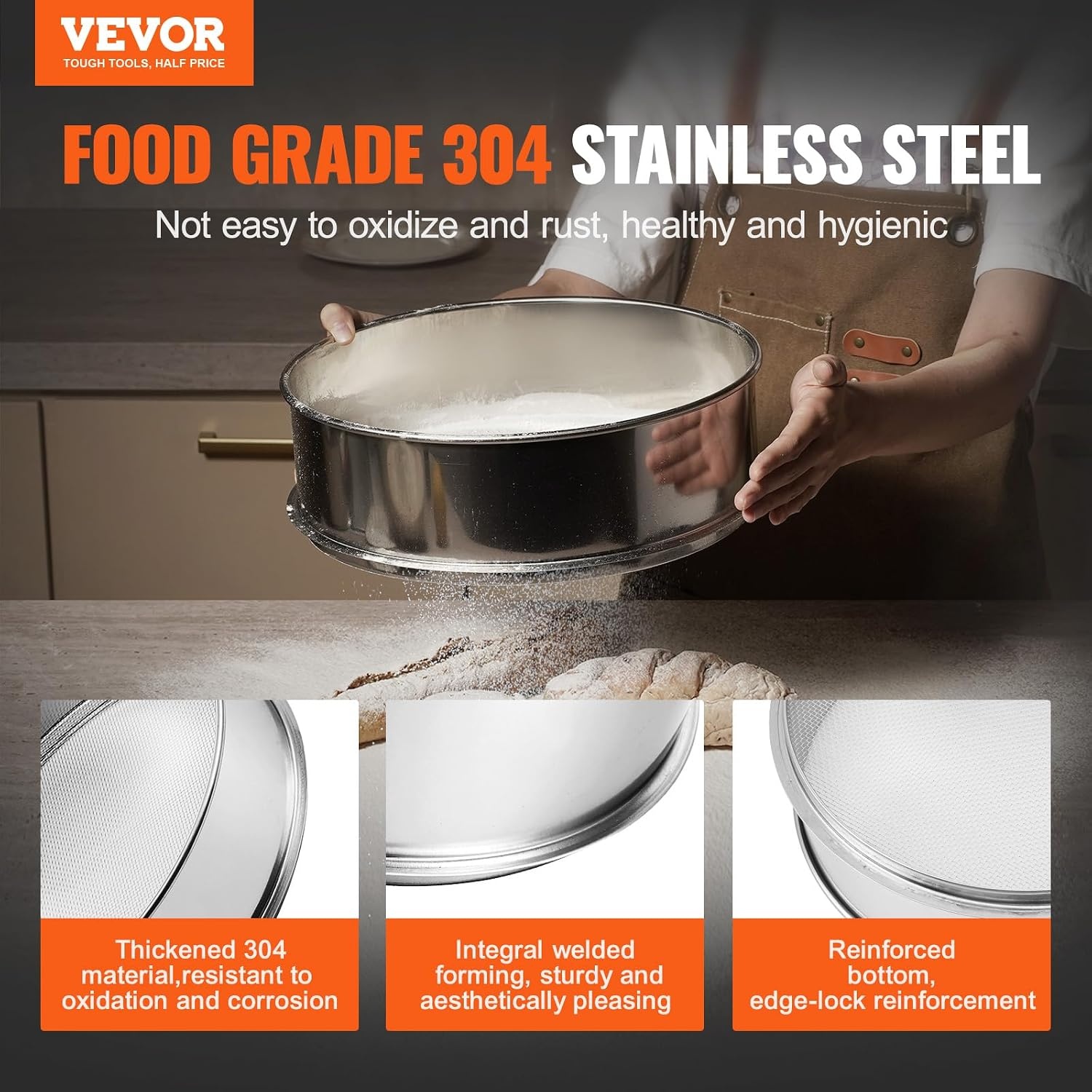 image:imageVEVOR Flour Sieve Fine Mesh 40 Mesh Sifter 304 Stainless Steel Sifter Foodgrade Dia 126 Fine Mesh Strainers for Baking 5 Sizes Mesh hole for Mungbean Rice Flour Pearl Powder12 Mesh