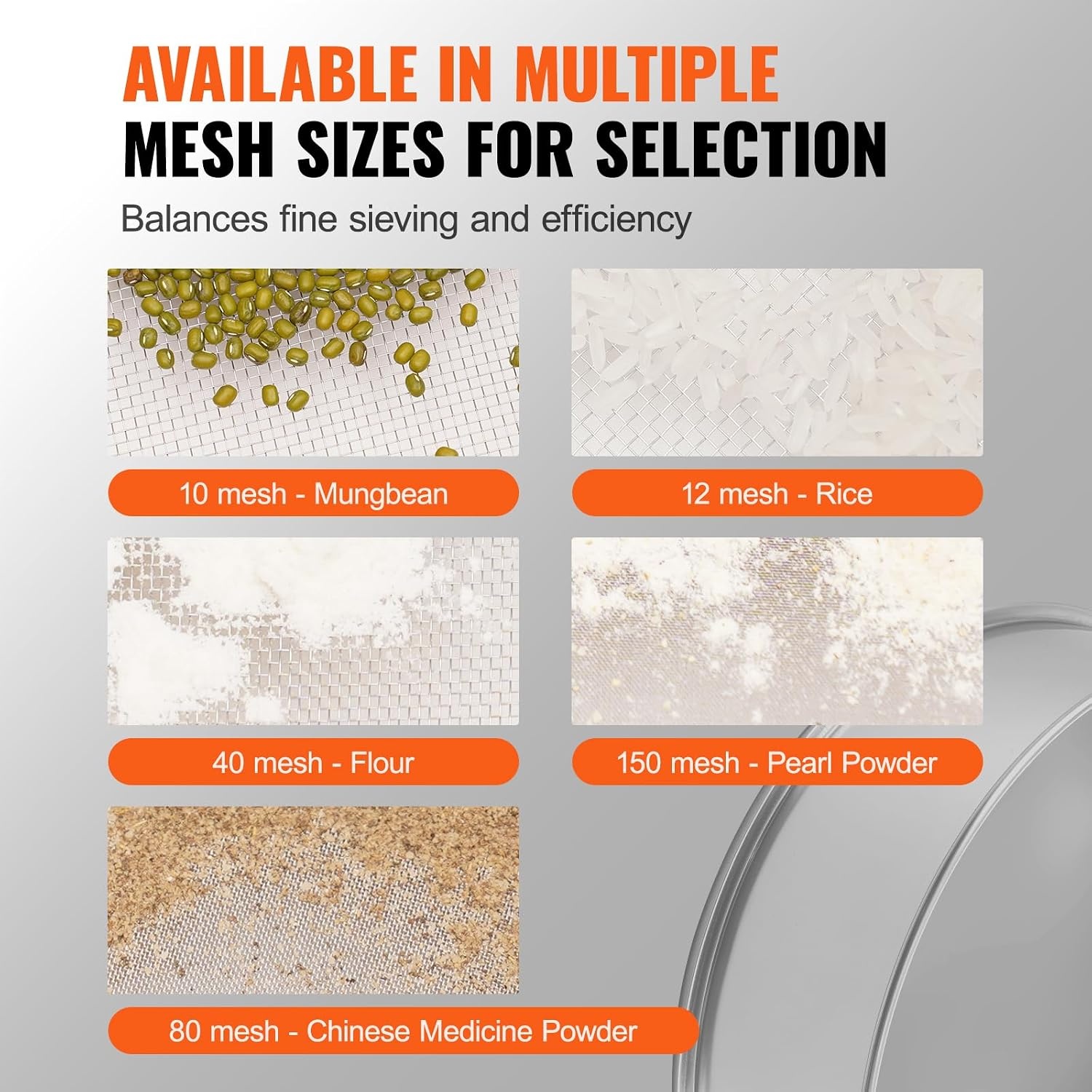 image:imageVEVOR Flour Sieve Fine Mesh 40 Mesh Sifter 304 Stainless Steel Sifter Foodgrade Dia 126 Fine Mesh Strainers for Baking 5 Sizes Mesh hole for Mungbean Rice Flour Pearl Powder80 Mesh