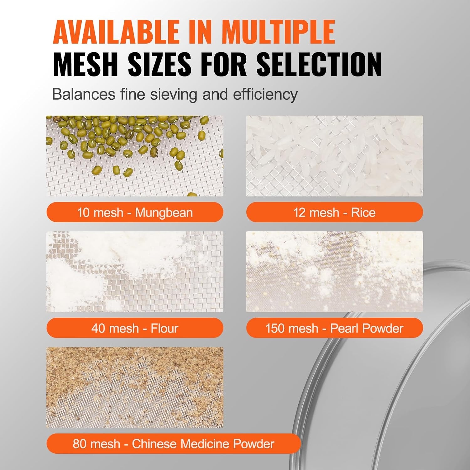 image:imageVEVOR Flour Sieve Fine Mesh 40 Mesh Sifter 304 Stainless Steel Sifter Foodgrade Dia 126 Fine Mesh Strainers for Baking 5 Sizes Mesh hole for Mungbean Rice Flour Pearl Powder12 Mesh
