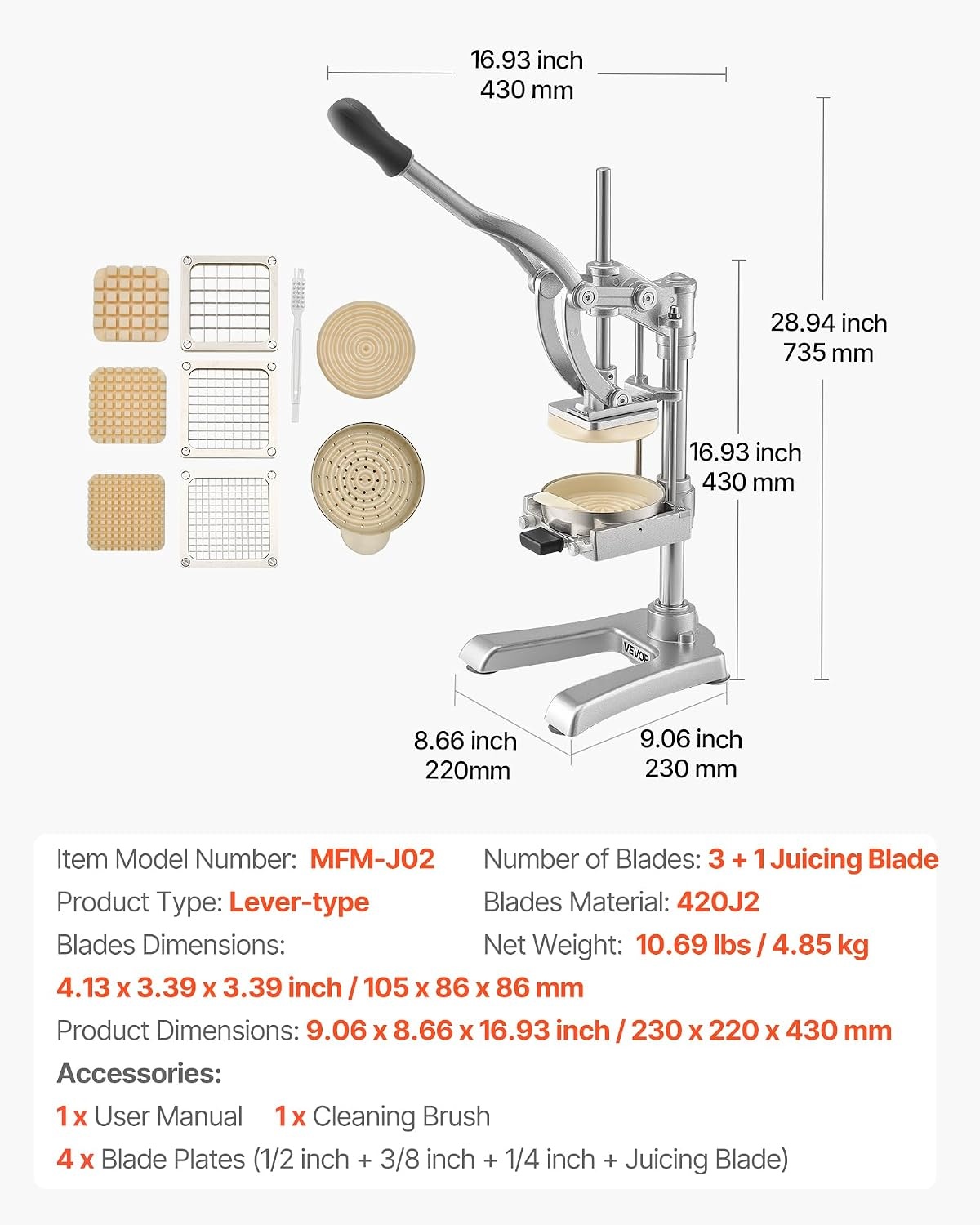 image:imageVEVOR French Fry Cutter Ergonomic Potato Slicer with 3 Blades 12 38 14 amp Juicer Plate EasyReplace Vegetable Chopper Dicer for Carrot Onion Lemon Ideal for Home amp Commercial Kitchens14 38 12 Juicer Plate