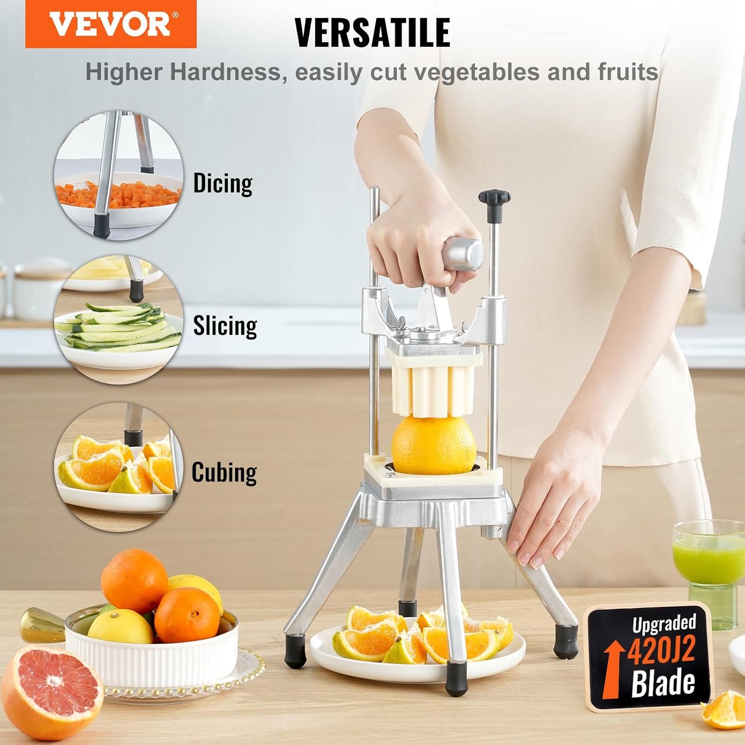image:imageVEVOR French Fry Cutter Ergonomic Potato Slicer with 3 Blades 12 38 14 amp Juicer Plate EasyReplace Vegetable Chopper Dicer for Carrot Onion Lemon Ideal for Home amp Commercial Kitchens14 38 12 6Wedge Slicer