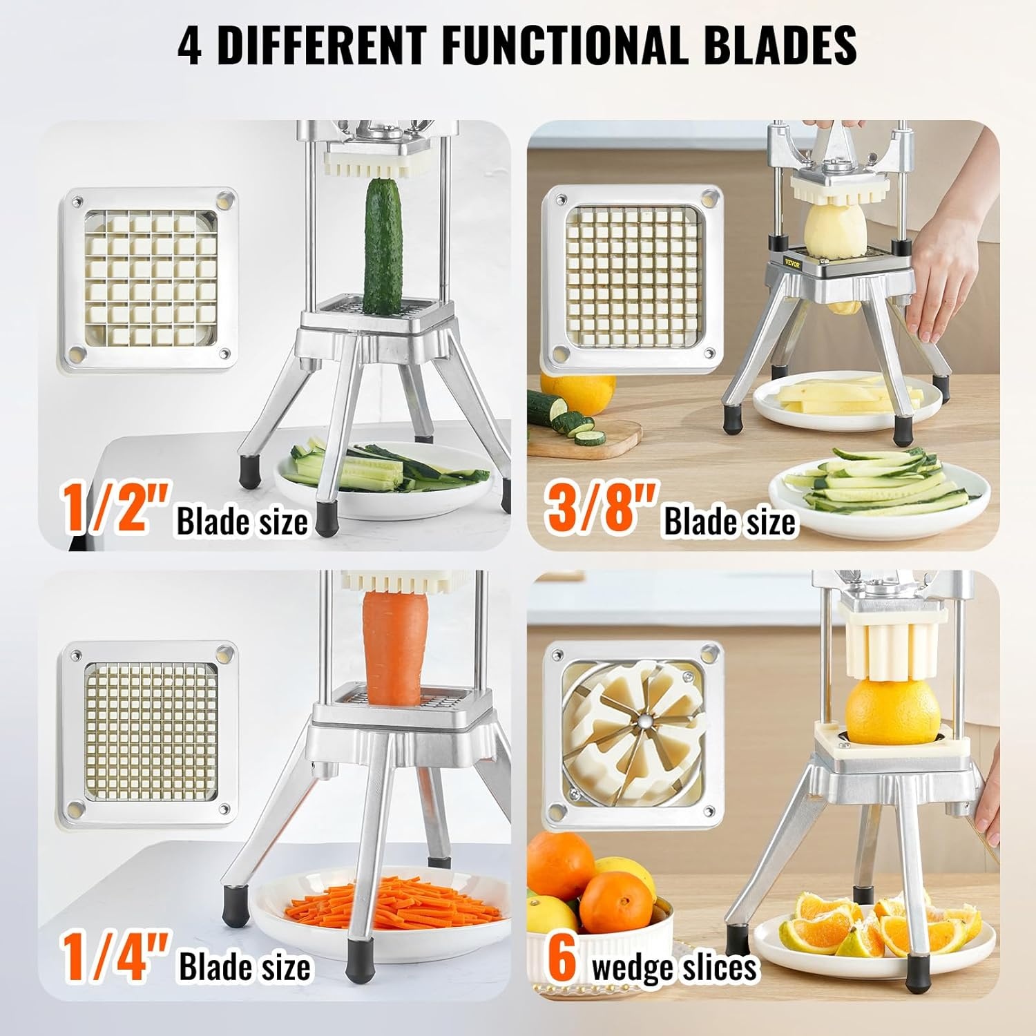 image:imageVEVOR French Fry Cutter Ergonomic Potato Slicer with 3 Blades 12 38 14 amp Juicer Plate EasyReplace Vegetable Chopper Dicer for Carrot Onion Lemon Ideal for Home amp Commercial Kitchens14 38 12 6Wedge Slicer