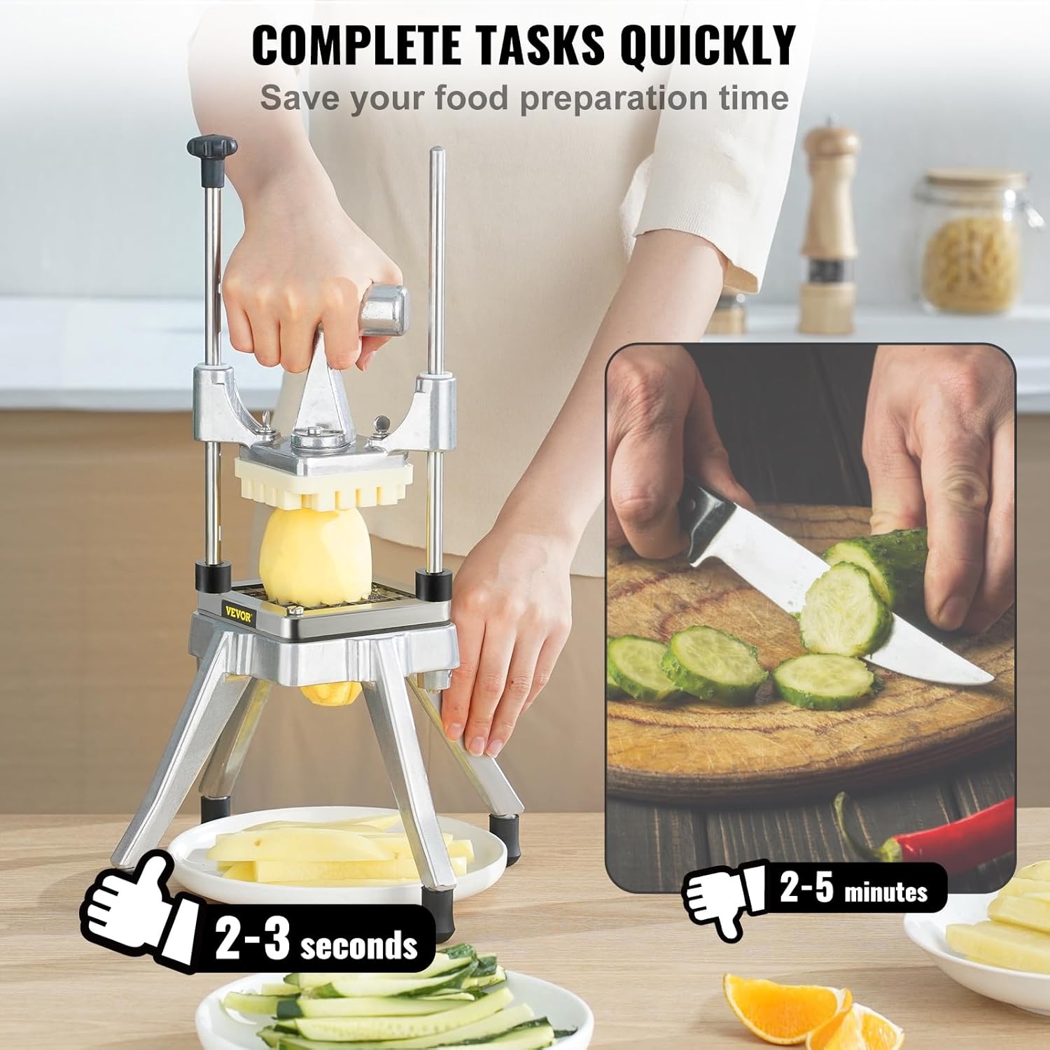 image:imageVEVOR French Fry Cutter Ergonomic Potato Slicer with 3 Blades 12 38 14 amp Juicer Plate EasyReplace Vegetable Chopper Dicer for Carrot Onion Lemon Ideal for Home amp Commercial Kitchens14 38 12 6Wedge Slicer
