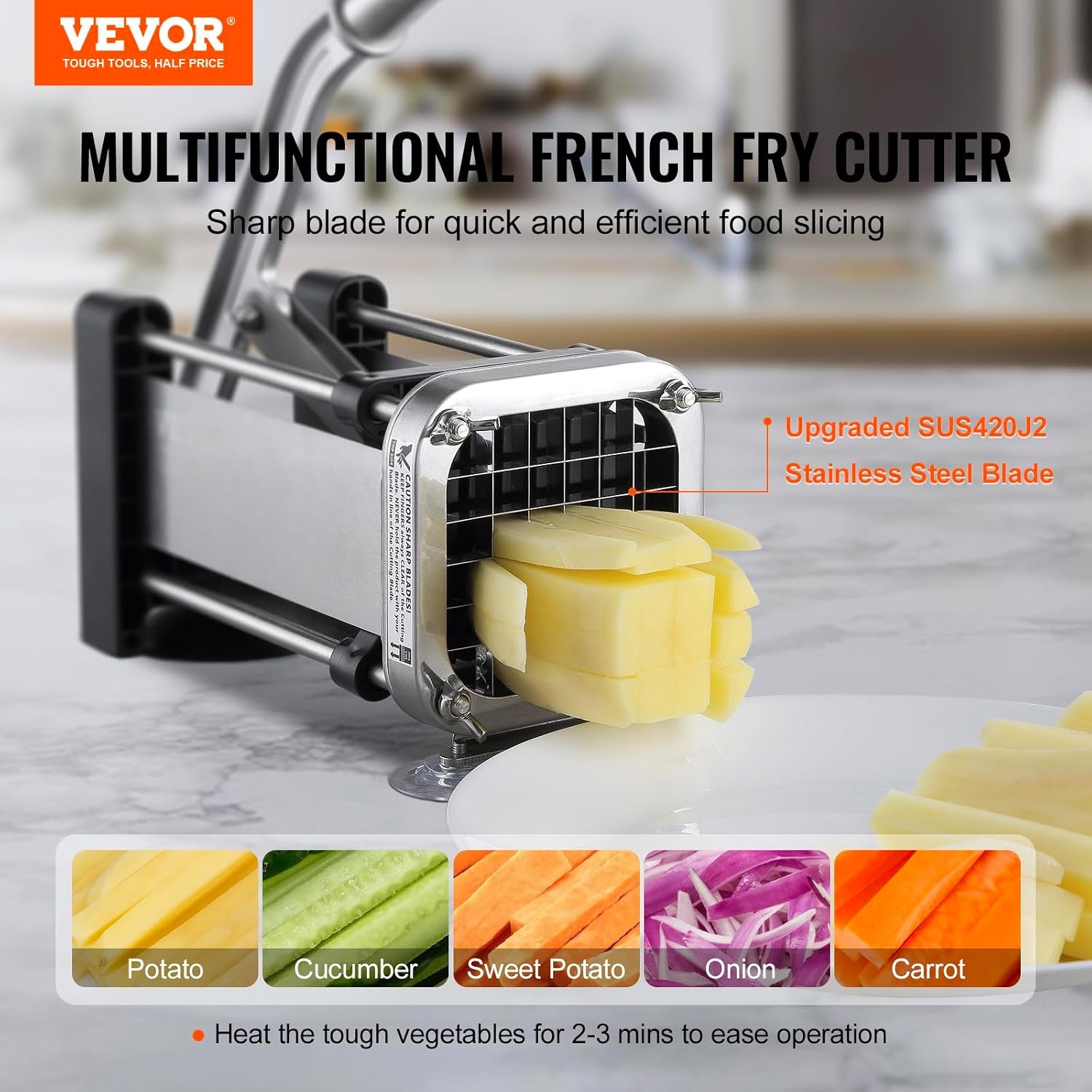 image:imageVEVOR French Fry Cutter Potato Slicer with 12 38 14 Stainless Steel Blades Manual Potato Cutter Chopper with Suction Cups Great for Potato French Fries Cucumber Vegetables Carrot12 inch