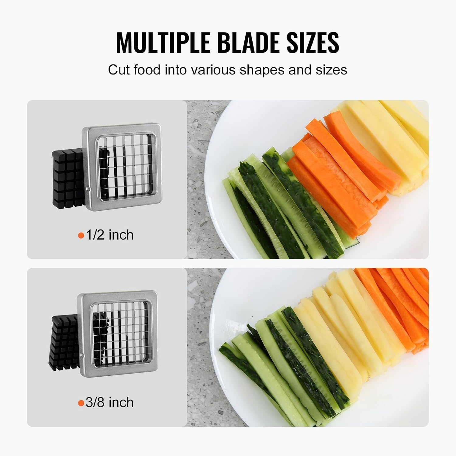 image:imageVEVOR French Fry Cutter Potato Slicer with 12 38 14 Stainless Steel Blades Manual Potato Cutter Chopper with Suction Cups Great for Potato French Fries Cucumber Vegetables Carrot12 inch38 inch Suctioncup