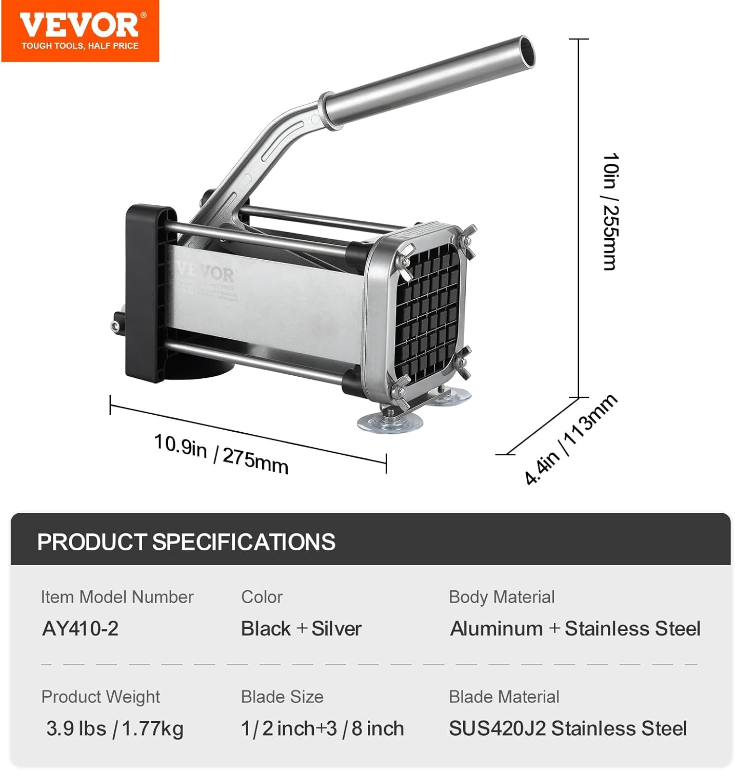 image:imageVEVOR French Fry Cutter Potato Slicer with 12 38 14 Stainless Steel Blades Manual Potato Cutter Chopper with Suction Cups Great for Potato French Fries Cucumber Vegetables Carrot12 inch 38 inch
