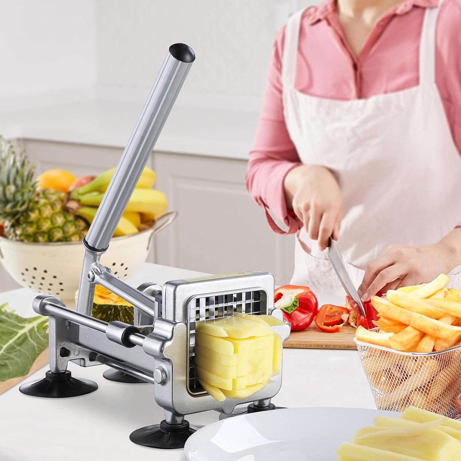 image:imageVEVOR French Fry Cutter Potato Slicer with 12 38 14 Stainless Steel Blades Manual Potato Cutter Chopper with Suction Cups Great for Potato French Fries Cucumber Vegetables Carrot12 inch38 inch Suctioncup