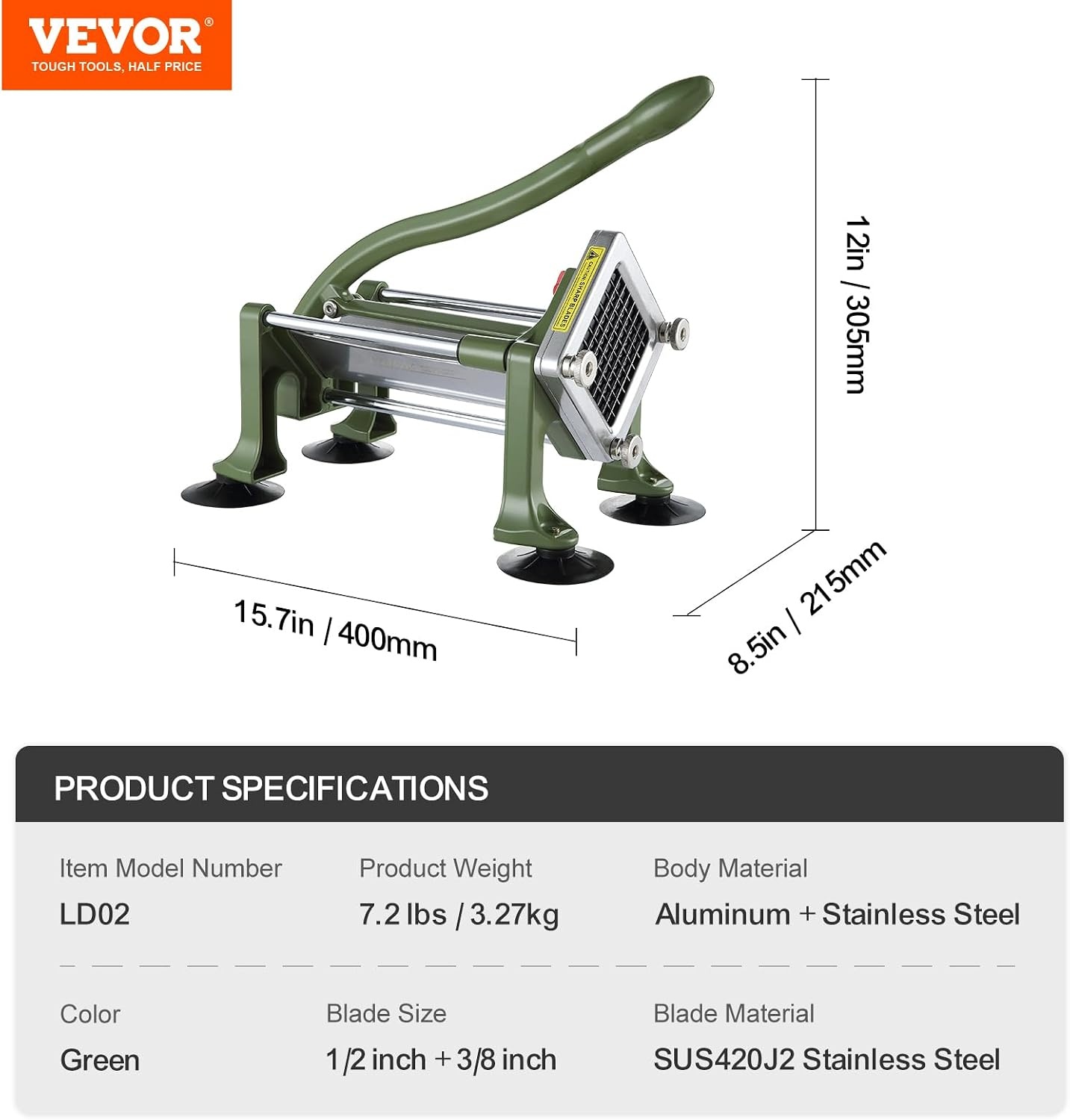 image:imageVEVOR French Fry Cutter Potato Slicer with 12Inch Stainless Steel Blade Manual Potato Cutter Chopper with Suction Cups Great for Potato French Fries Cucumber Vegetables CarrotGreen