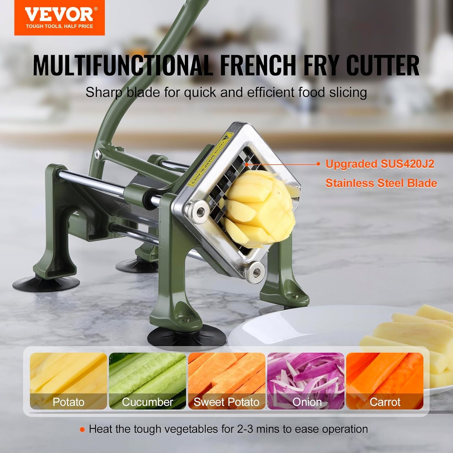 image:imageVEVOR French Fry Cutter Potato Slicer with 12Inch Stainless Steel Blade Manual Potato Cutter Chopper with Suction Cups Great for Potato French Fries Cucumber Vegetables CarrotGreen