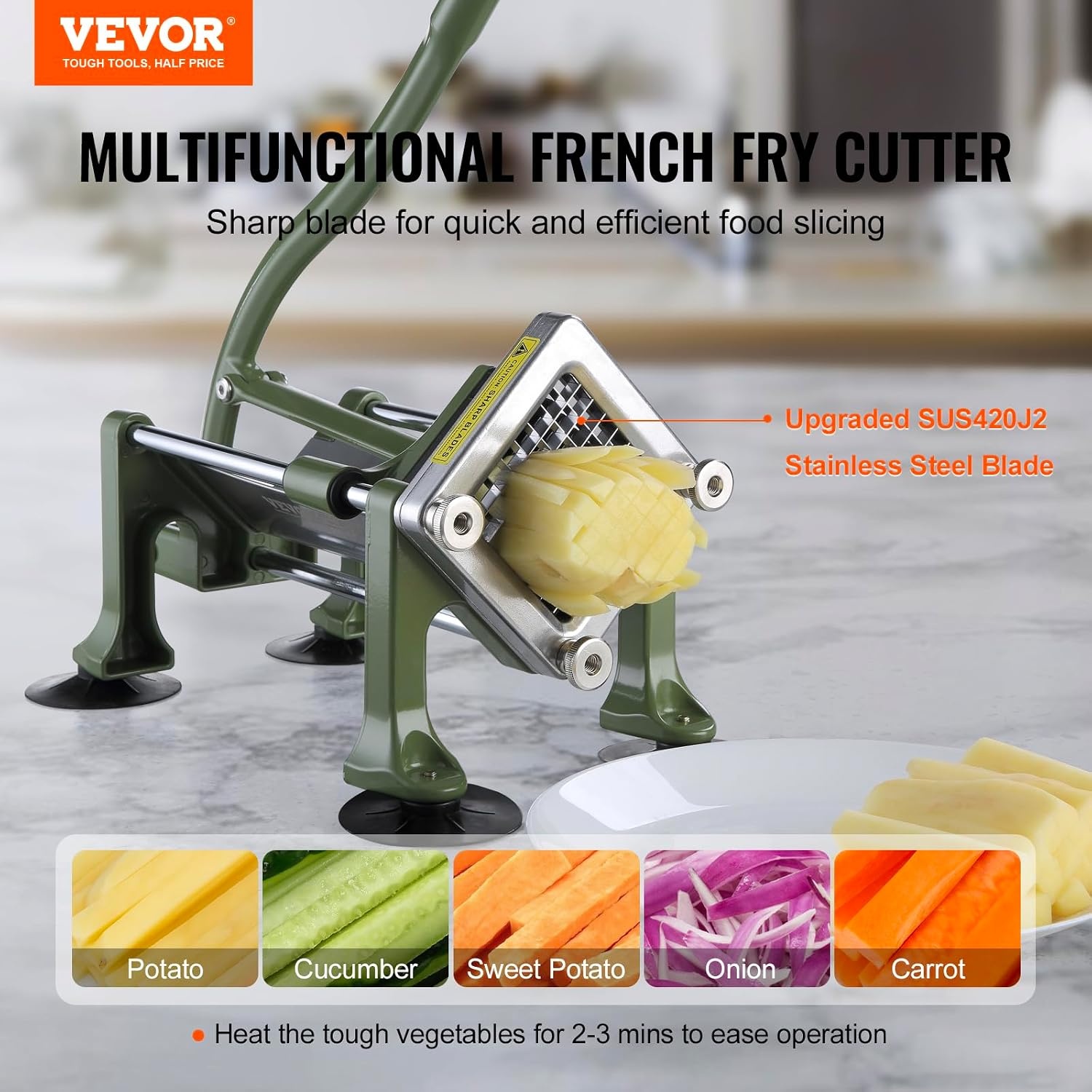 image:imageVEVOR French Fry Cutter Potato Slicer with 12Inch Stainless Steel Blade Manual Potato Cutter Chopper with Suction Cups Great for Potato French Fries Cucumber Vegetables CarrotGreen