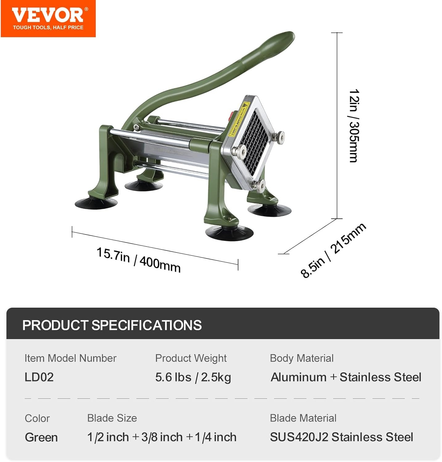 image:imageVEVOR French Fry Cutter Potato Slicer with 12Inch Stainless Steel Blade Manual Potato Cutter Chopper with Suction Cups Great for Potato French Fries Cucumber Vegetables CarrotGreen