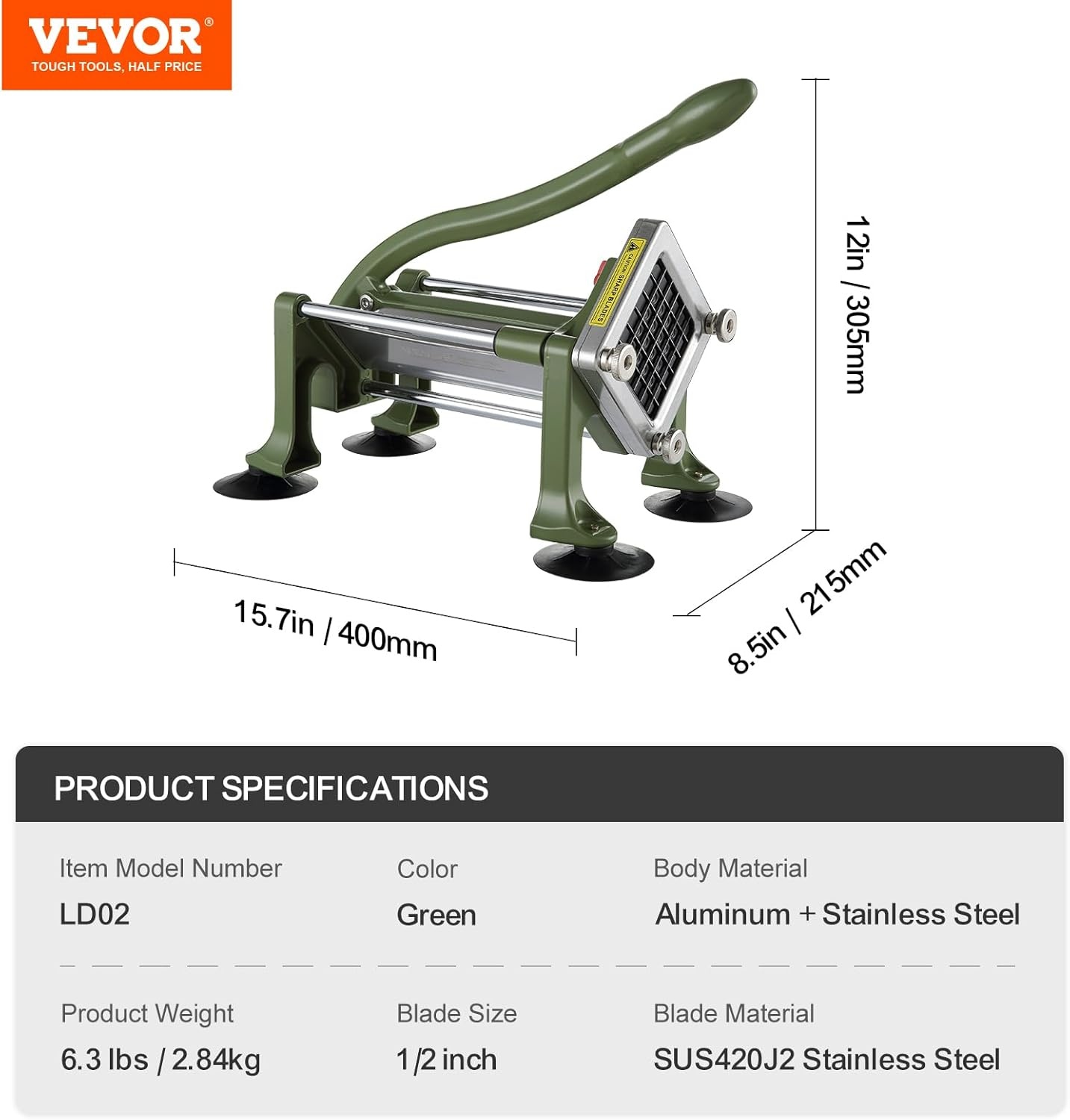 image:imageVEVOR French Fry Cutter Potato Slicer with 12Inch Stainless Steel Blade Manual Potato Cutter Chopper with Suction Cups Great for Potato French Fries Cucumber Vegetables CarrotGreen