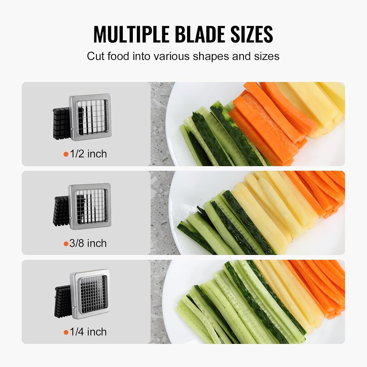 image:imageVEVOR French Fry Cutter Potato Slicer with 12Inch and 38Inch Stainless Steel Blades Manual Potato Cutter Chopper with Suction Cups Great for Potato French Fries Cucumber Vegetables Carrot2 inch 38 inch 14 inch