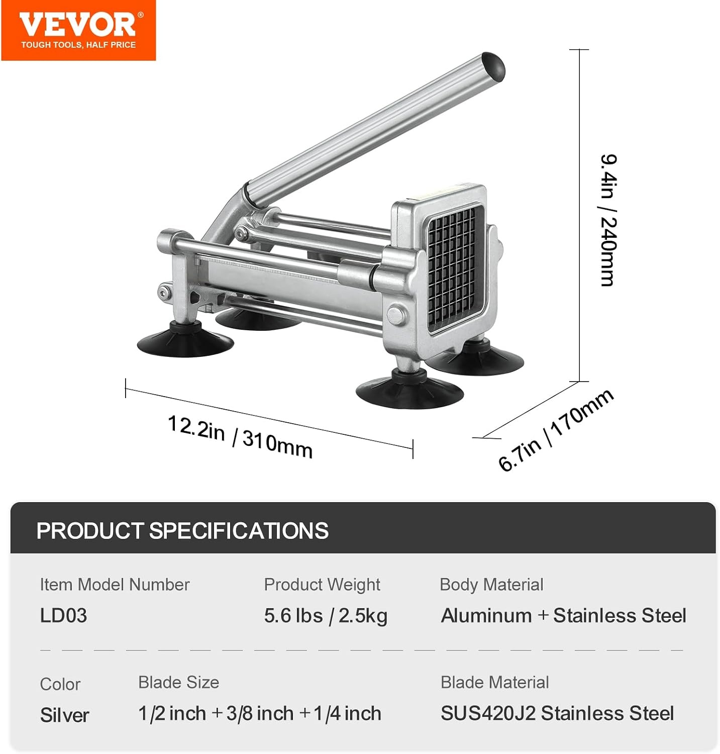 image:imageVEVOR French Fry Cutter Potato Slicer with 12Inch and 38Inch Stainless Steel Blades Manual Potato Cutter Chopper with Suction Cups Great for Potato French Fries Cucumber Vegetables Carrot2 inch 38 inch 14 inch