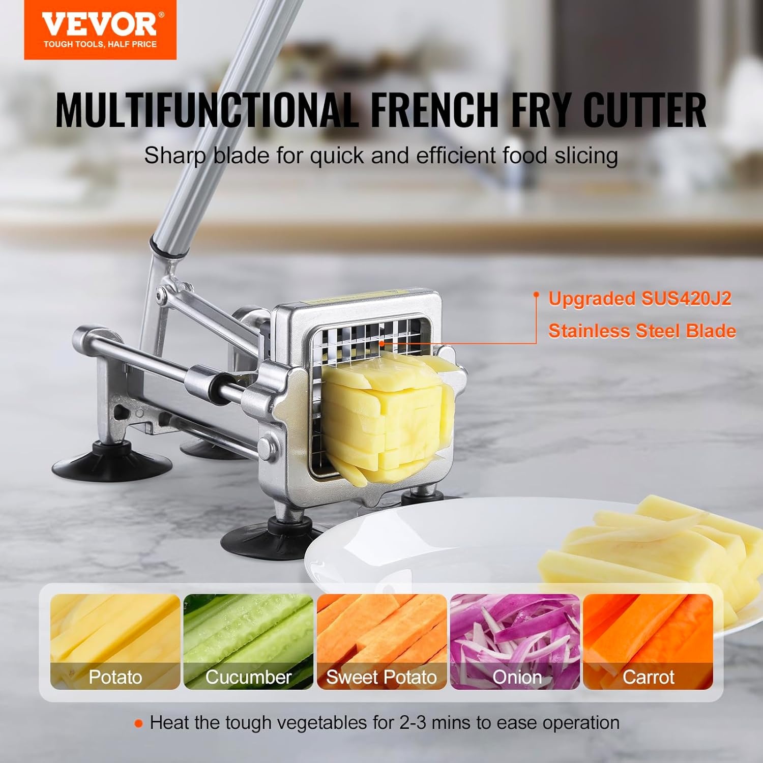 image:imageVEVOR French Fry Cutter Potato Slicer with 12Inch and 38Inch Stainless Steel Blades Manual Potato Cutter Chopper with Suction Cups Great for Potato French Fries Cucumber Vegetables Carrot2 inch 38 inch 14 inch