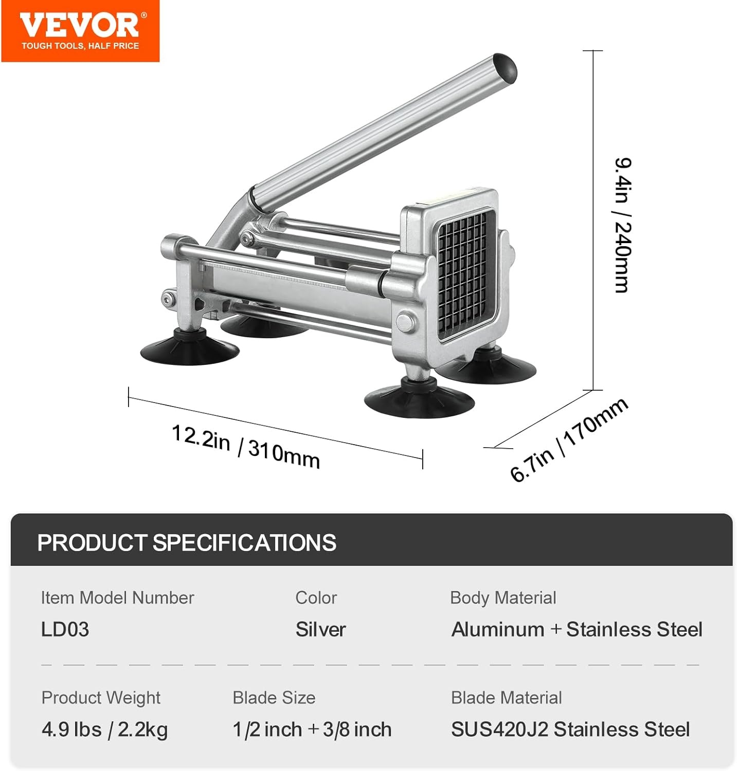 image:imageVEVOR French Fry Cutter Potato Slicer with 12Inch and 38Inch Stainless Steel Blades Manual Potato Cutter Chopper with Suction Cups Great for Potato French Fries Cucumber Vegetables Carrot12 inch38 inch Suctioncup