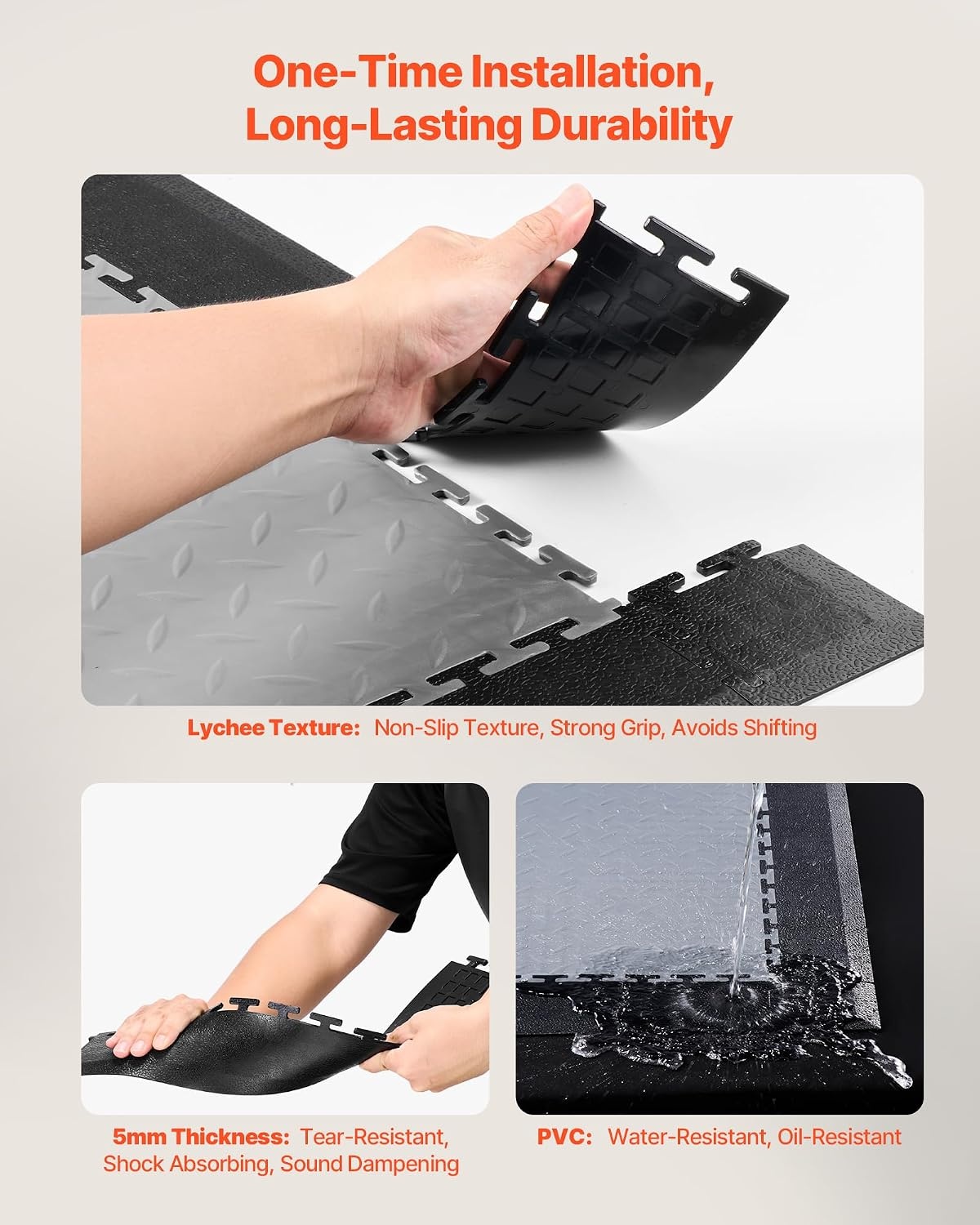 image:imageVEVOR Garage Floor Tiles 202 x 202 x 02 inch Interlocking Ease of Installation Diamond Plate SlipResistant Texture NonSlip Sturdiness for Garages Warehouse Tool Room Graphite Gray 8 PackBlack