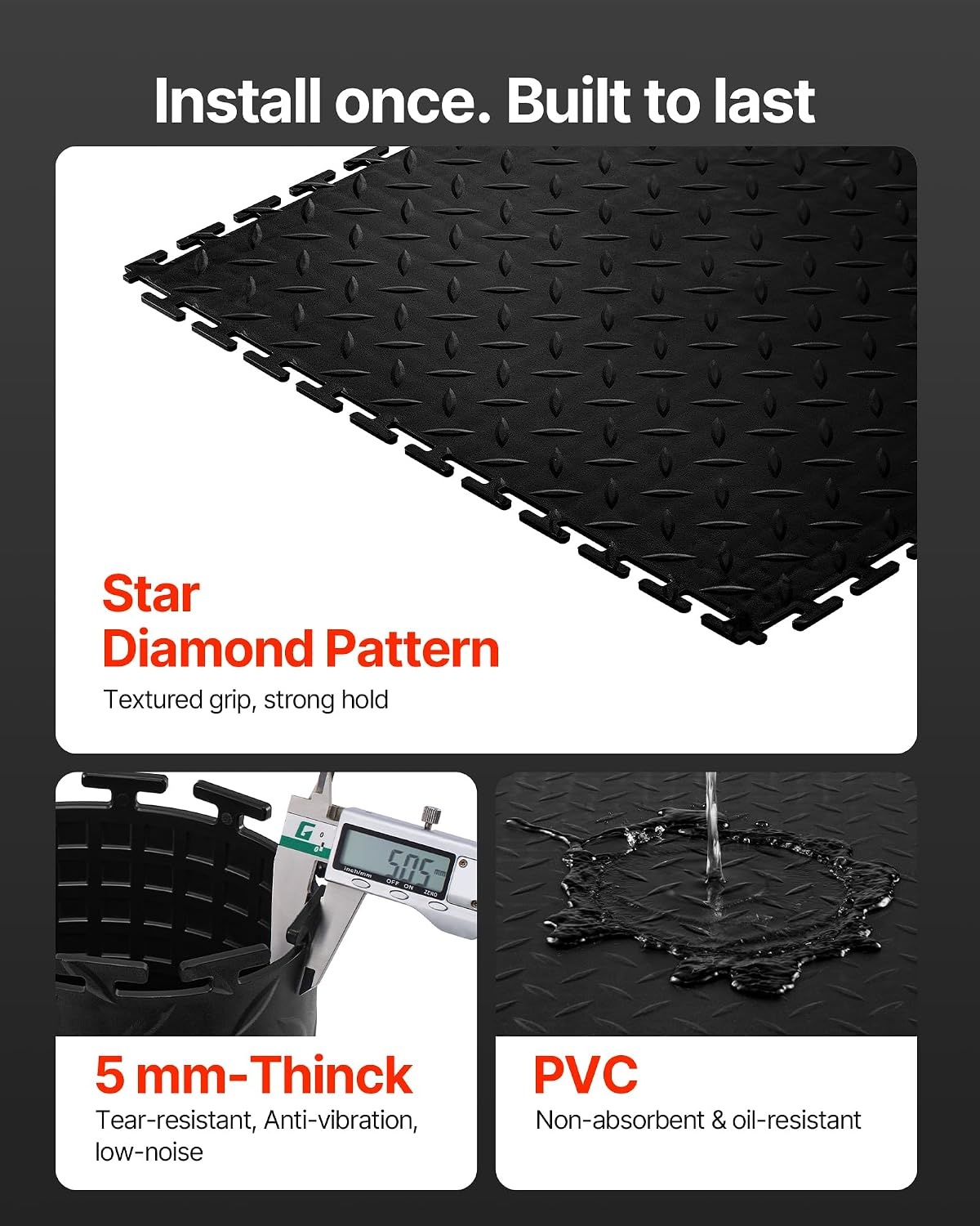 image:imageVEVOR Garage Floor Tiles 202 x 202 x 02 inch Interlocking Ease of Installation Diamond Plate SlipResistant Texture NonSlip Sturdiness for Garages Warehouse Tool Room Graphite Gray 8 PackBlack