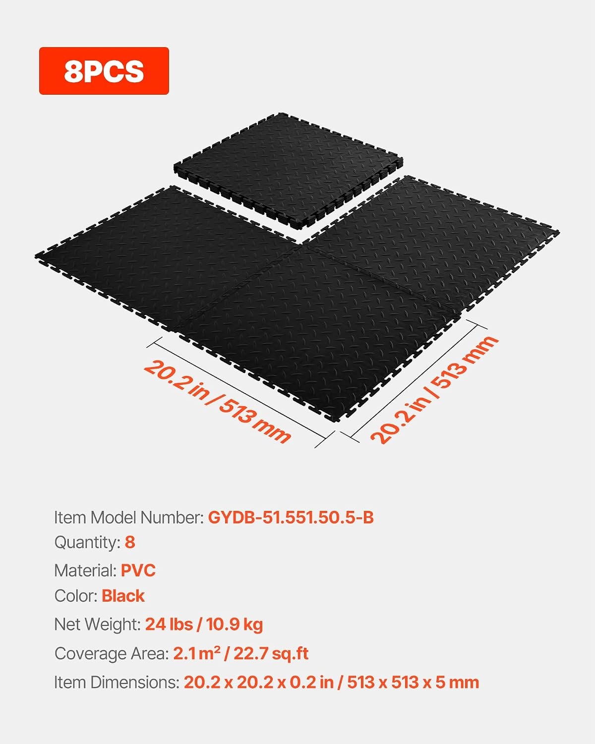 image:imageVEVOR Garage Floor Tiles 202 x 202 x 02 inch Interlocking Ease of Installation Diamond Plate SlipResistant Texture NonSlip Sturdiness for Garages Warehouse Tool Room Graphite Gray 8 PackBlack