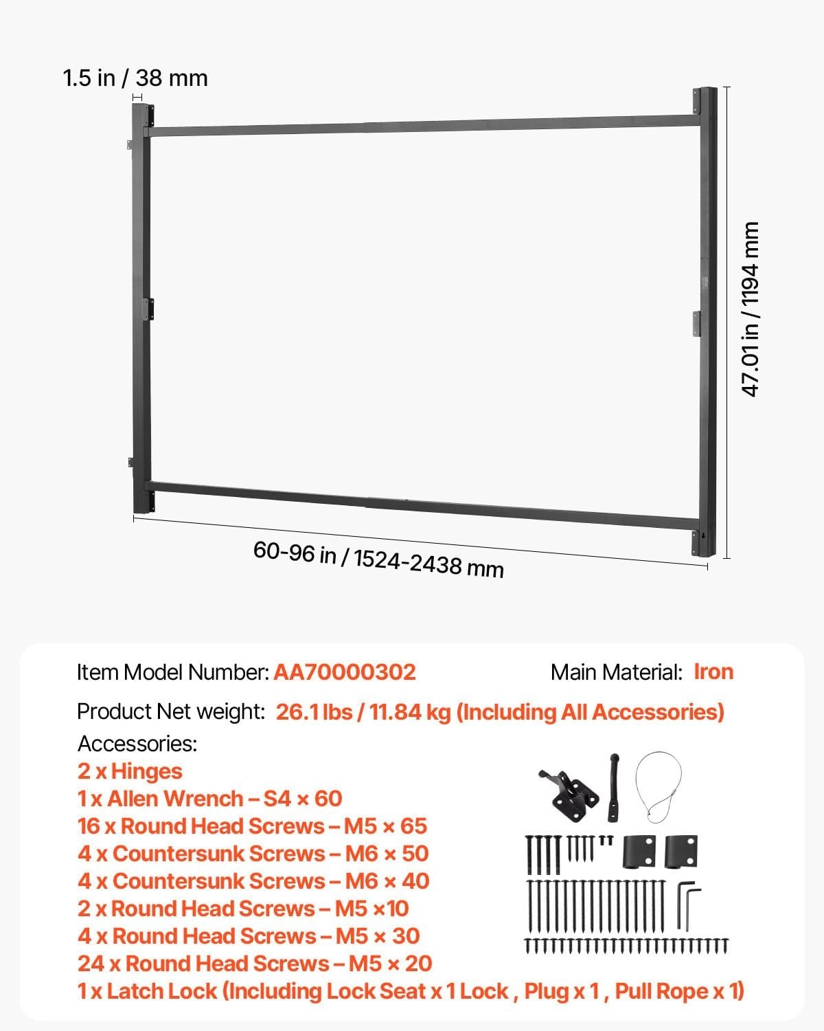 image:imageVEVOR Gate Building Kit Fits 60 to 96 in Wide Openings Up from 6 to 7 ft High Fence Adjustable Gate Building Kit Anti Sag Full Gate Frame Kit with Latch Lock Screw for Wooden Fence Iron Black6096 wide openings 45 high