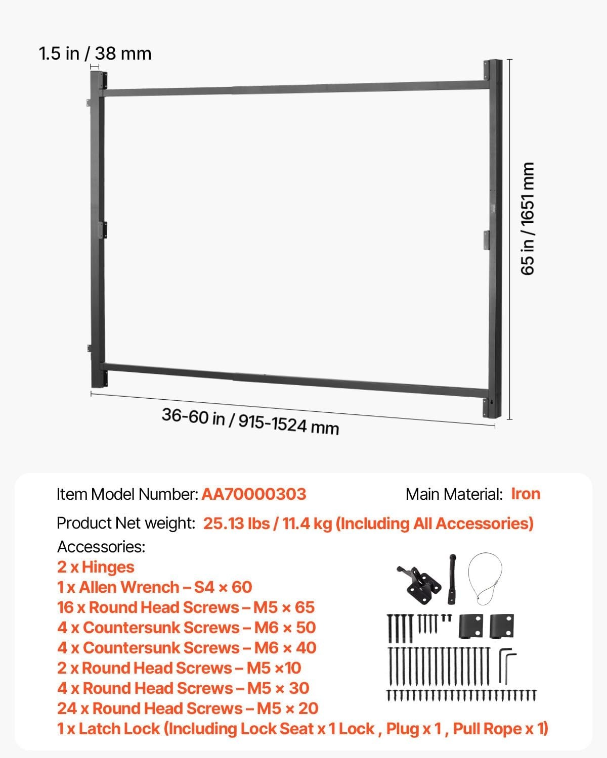 image:imageVEVOR Gate Building Kit Fits 60 to 96 in Wide Openings Up from 6 to 7 ft High Fence Adjustable Gate Building Kit Anti Sag Full Gate Frame Kit with Latch Lock Screw for Wooden Fence Iron Black3660 wide openings 67 high