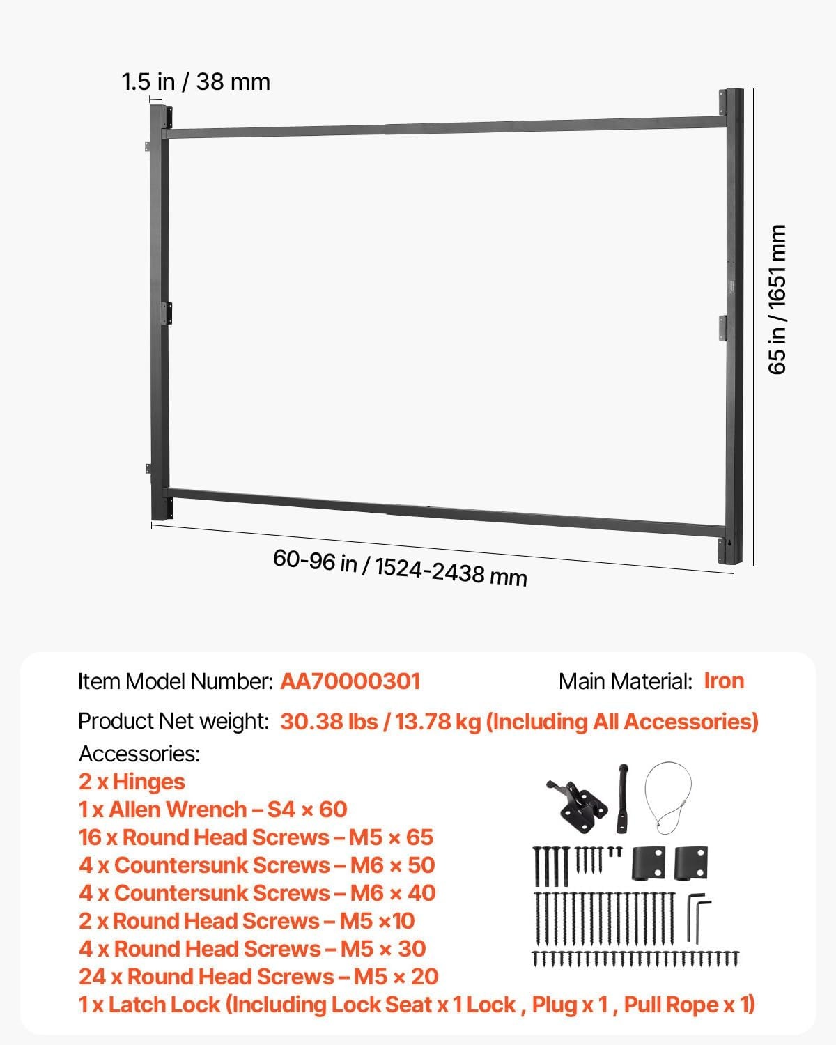 image:imageVEVOR Gate Building Kit Fits 60 to 96 in Wide Openings Up from 6 to 7 ft High Fence Adjustable Gate Building Kit Anti Sag Full Gate Frame Kit with Latch Lock Screw for Wooden Fence Iron Black6096 wide openings 67 high