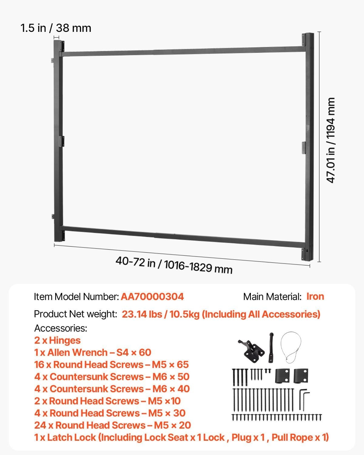 image:imageVEVOR Gate Building Kit Fits 60 to 96 in Wide Openings Up from 6 to 7 ft High Fence Adjustable Gate Building Kit Anti Sag Full Gate Frame Kit with Latch Lock Screw for Wooden Fence Iron Black4072 wide openings 45 high