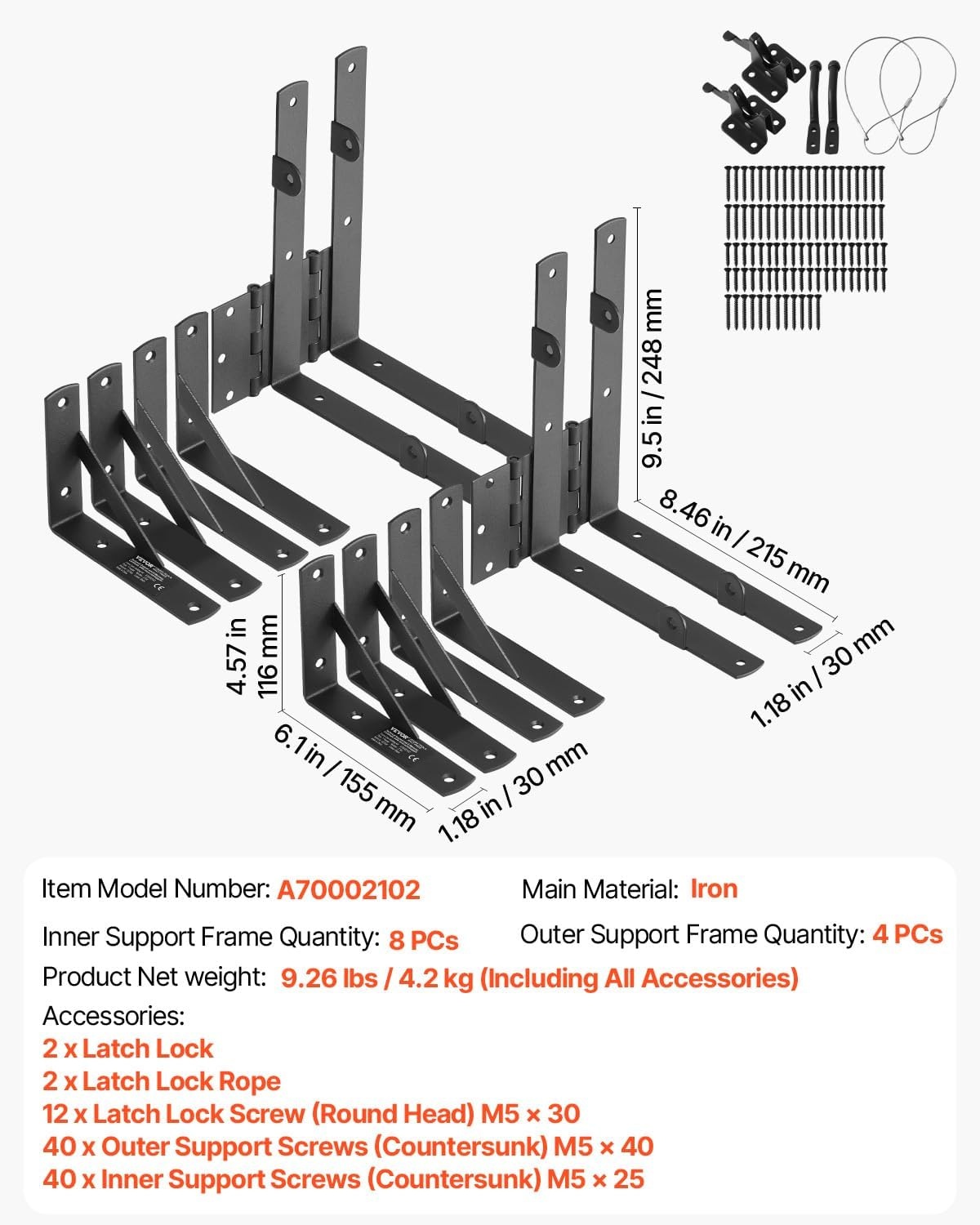 image:imageVEVOR Gate Corner Brace Bracket Anti Sag Gate Frame Hardware Kit Gate Frame Brace Bracket with Latch Lock Rope Latch Lock for Shed Doors Corral Gates Driveway Gates Wood Windows Iron Black2 Sets