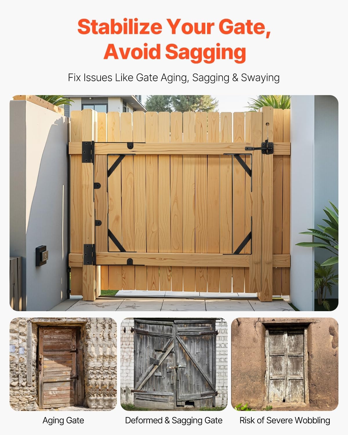 image:imageVEVOR Gate Corner Brace Bracket Anti Sag Gate Frame Hardware Kit Gate Frame Brace Bracket with Latch Lock Rope Latch Lock for Shed Doors Corral Gates Driveway Gates Wood Windows Iron Black1 Set