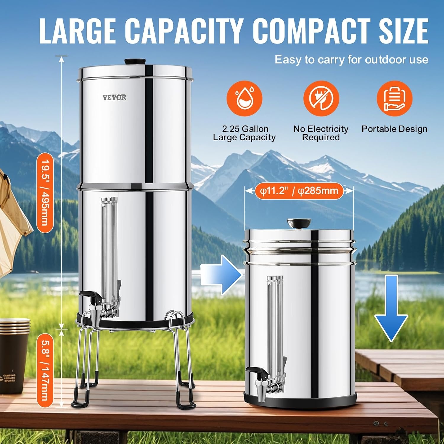 image:imageVEVOR Gravityfed Water Filter System 225G 304 StainlessSteel Countertop System Water Filtration System Reduces Lead and up to 99 of Chlorine with 2 Carbon Filters Water Level Spigot Stand