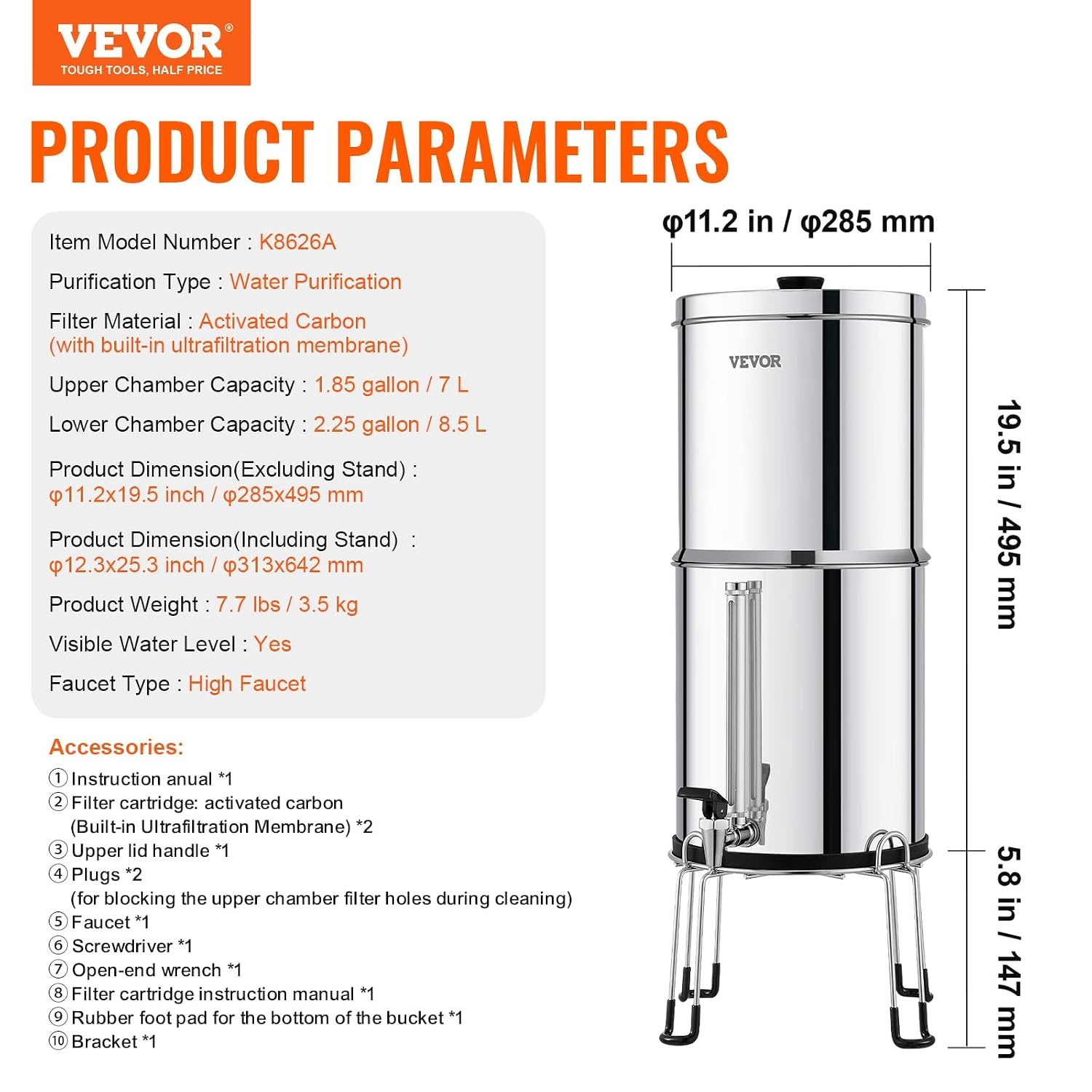image:imageVEVOR Gravityfed Water Filter System 225G 304 StainlessSteel Countertop System Water Filtration System Reduces Lead and up to 99 of Chlorine with 2 Carbon Filters Water Level Spigot Stand