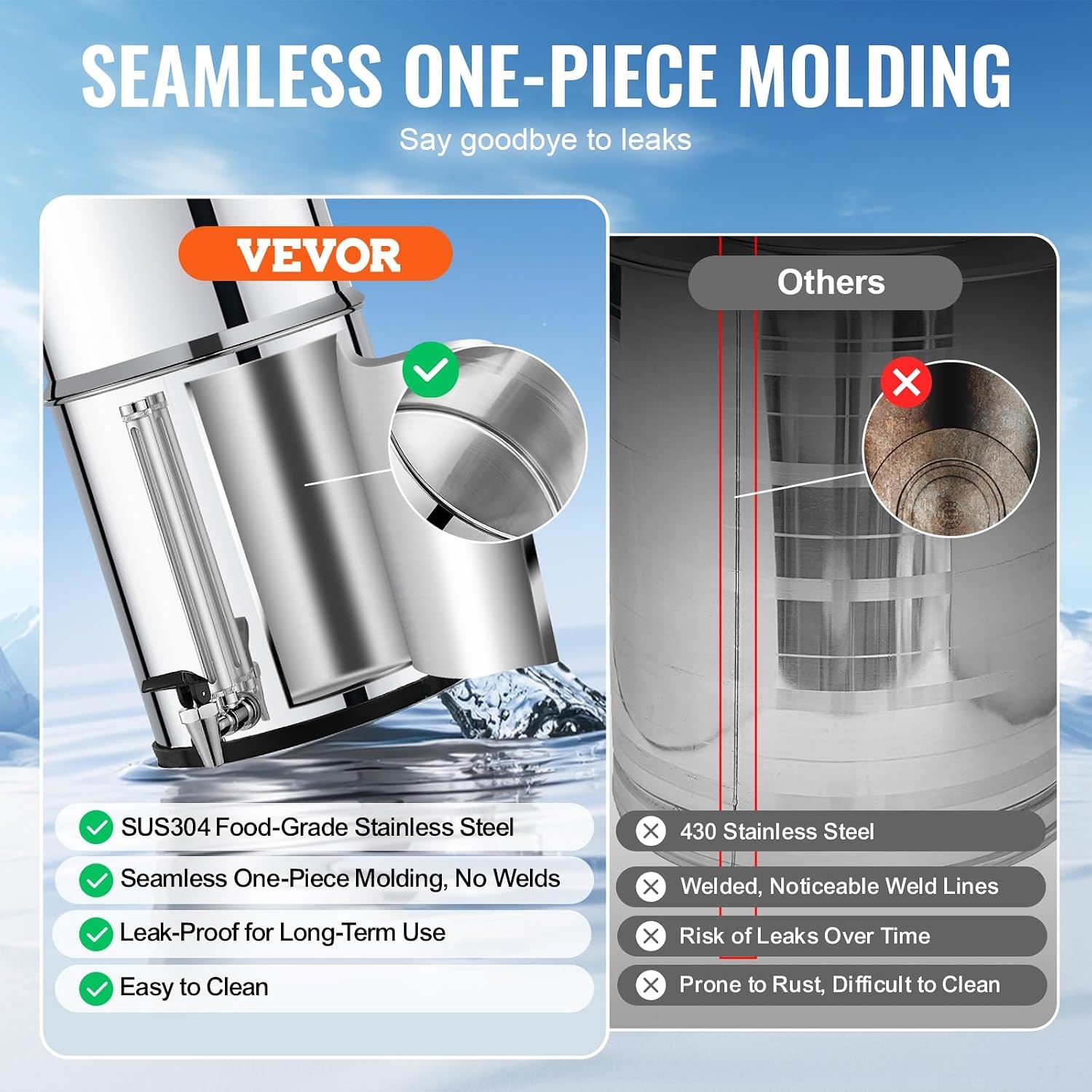 image:imageVEVOR Gravityfed Water Filter System 225G 304 StainlessSteel Countertop System Water Filtration System Reduces Lead and up to 99 of Chlorine with 2 Carbon Filters Water Level Spigot Stand
