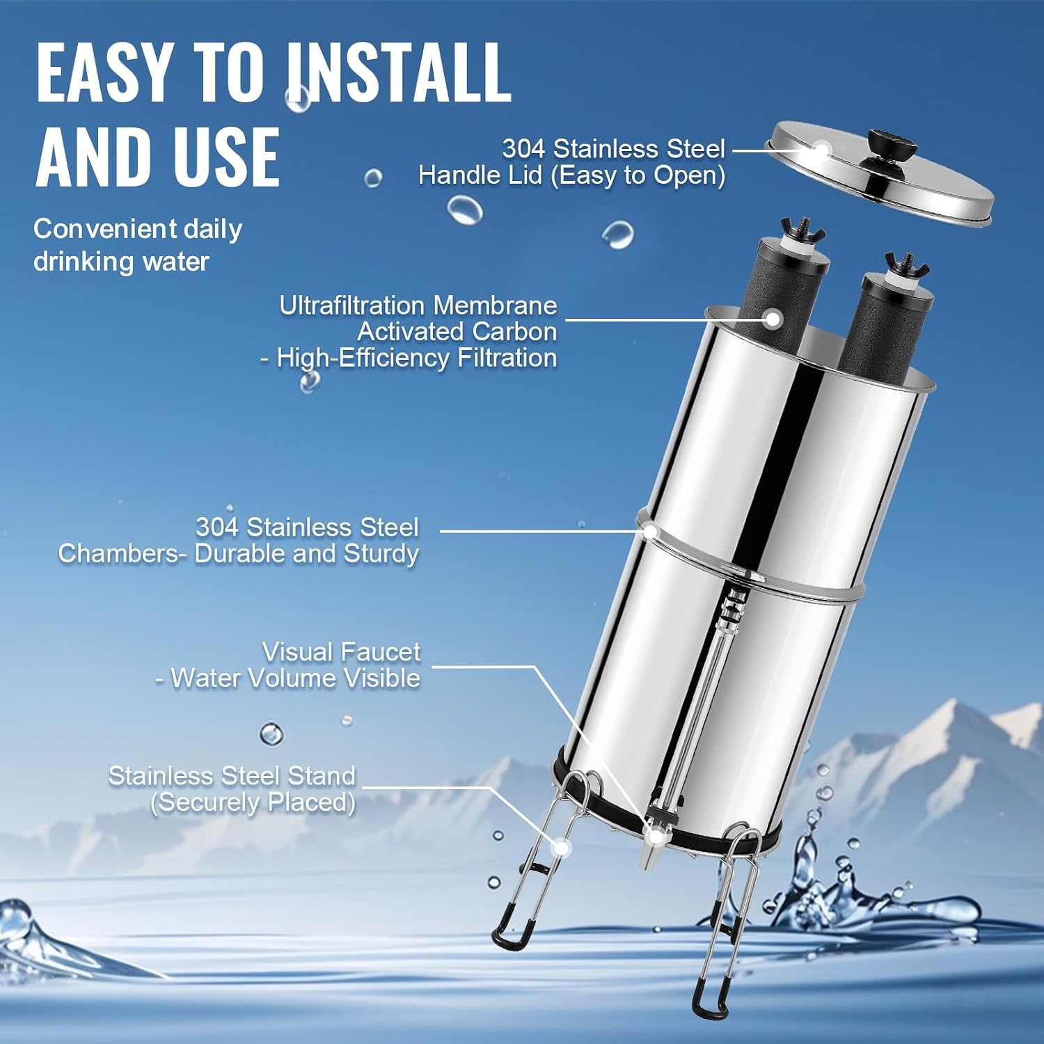 image:imageVEVOR Gravityfed Water Filter System 225G 304 StainlessSteel Countertop System Water Filtration System Reduces Lead and up to 99 of Chlorine with 2 Carbon Filters Water Level Spigot Stand