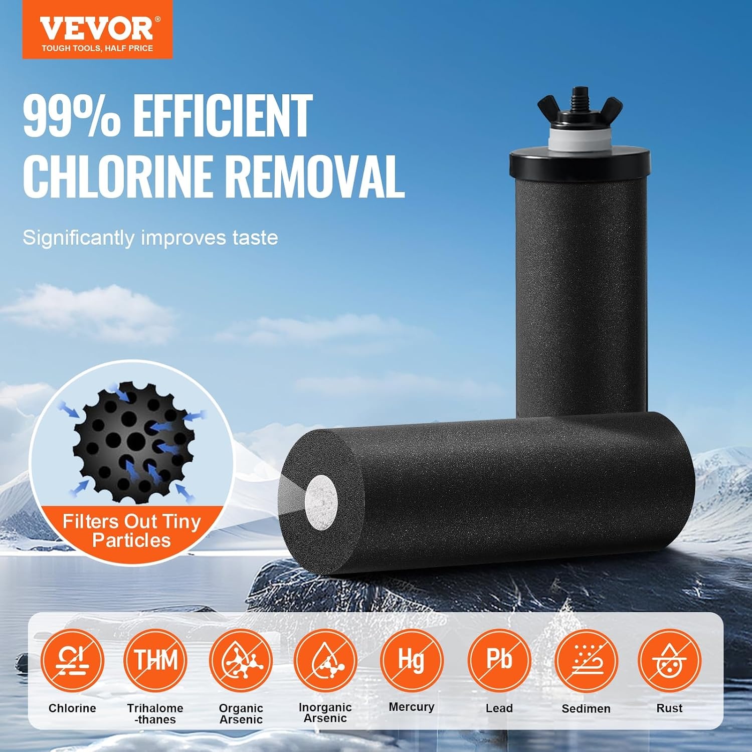 image:imageVEVOR Gravityfed Water Filter System 225G 304 StainlessSteel Countertop System Water Filtration System Reduces Lead and up to 99 of Chlorine with 2 Carbon Filters Water Level Spigot Stand