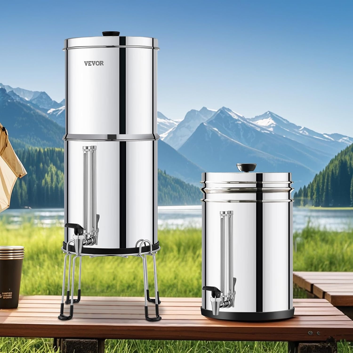 image:imageVEVOR Gravityfed Water Filter System 225G 304 StainlessSteel Countertop System Water Filtration System Reduces Lead and up to 99 of Chlorine with 2 Carbon Filters Water Level Spigot Stand
