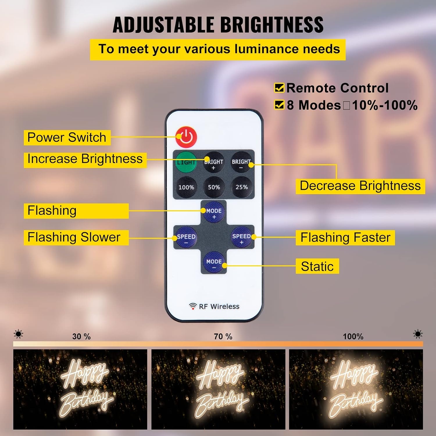 image:imageVEVOR Happy Birthday Neon Sign 18 x 8 26 x 75 Warm White LED Neon Lights Signs Adjustable Brightness with Remote Control Party Club Celebration DecorationWarm White