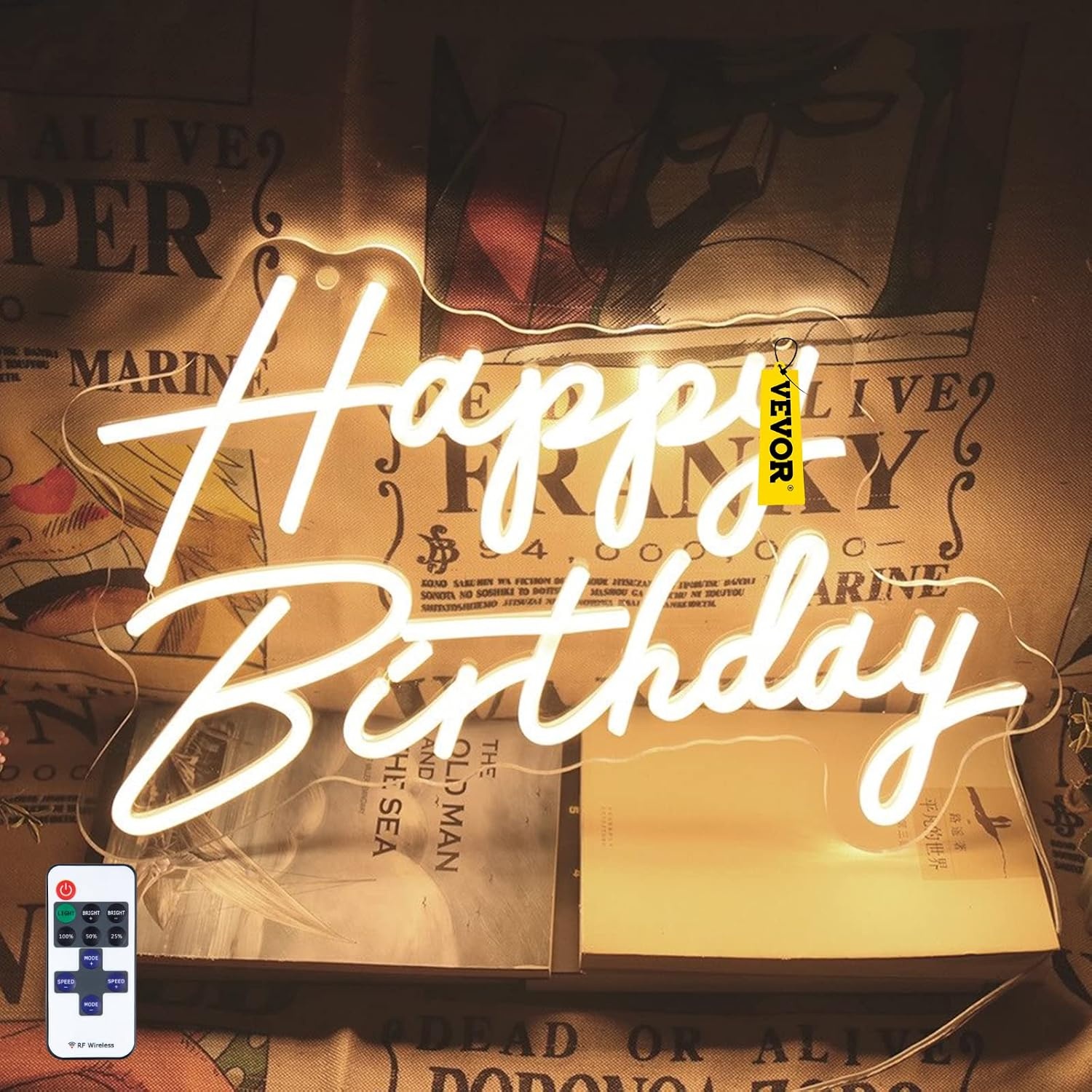 image:imageVEVOR Happy Birthday Neon Sign 18 x 8 26 x 75 Warm White LED Neon Lights Signs Adjustable Brightness with Remote Control Party Club Celebration DecorationWarm White